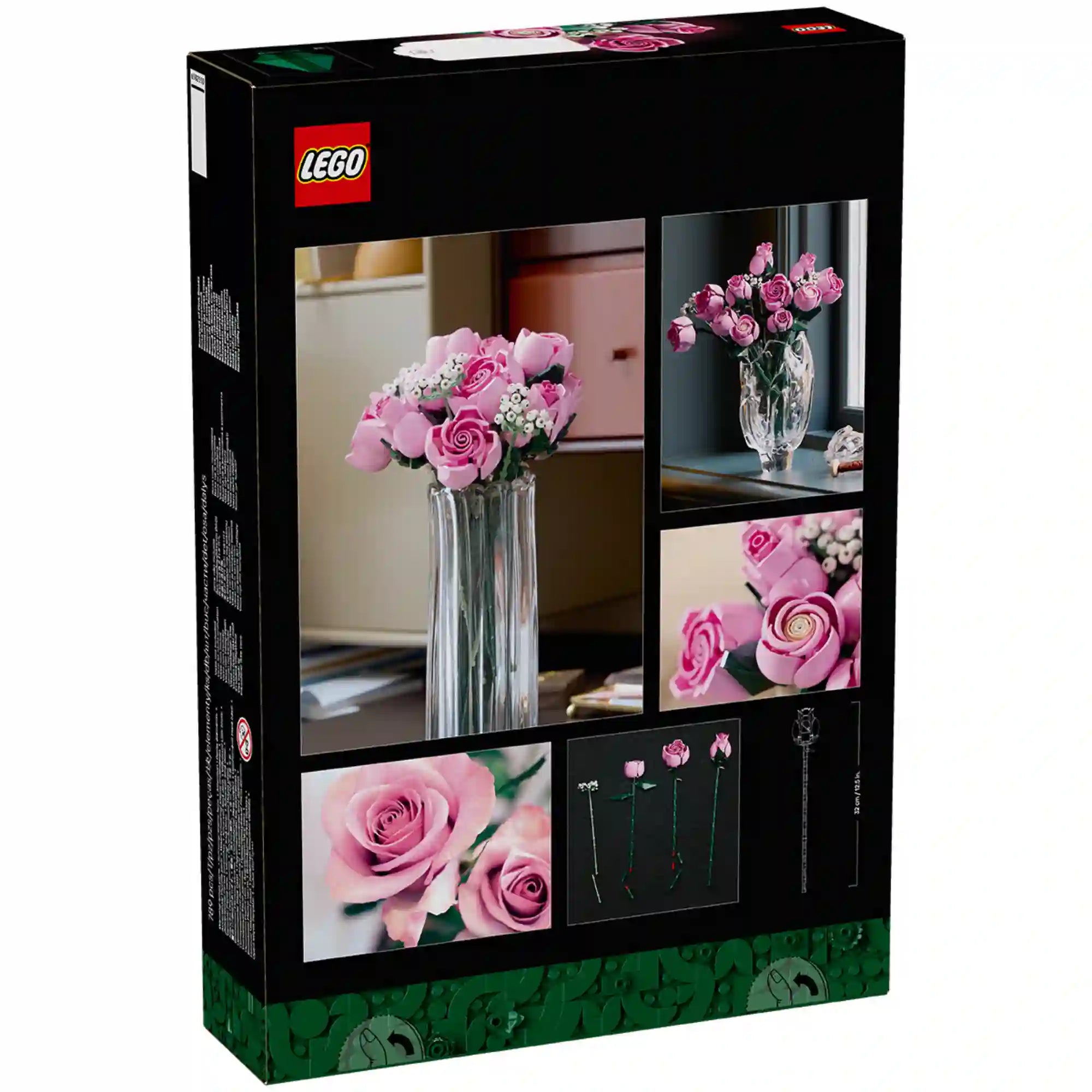 A LEGO Botanicals Rózsaszín rózsacsokor (10374) építőkészlet dobozának hátoldala a kész csokor inspirációs képeivel és a virágelemek bemutatásával.