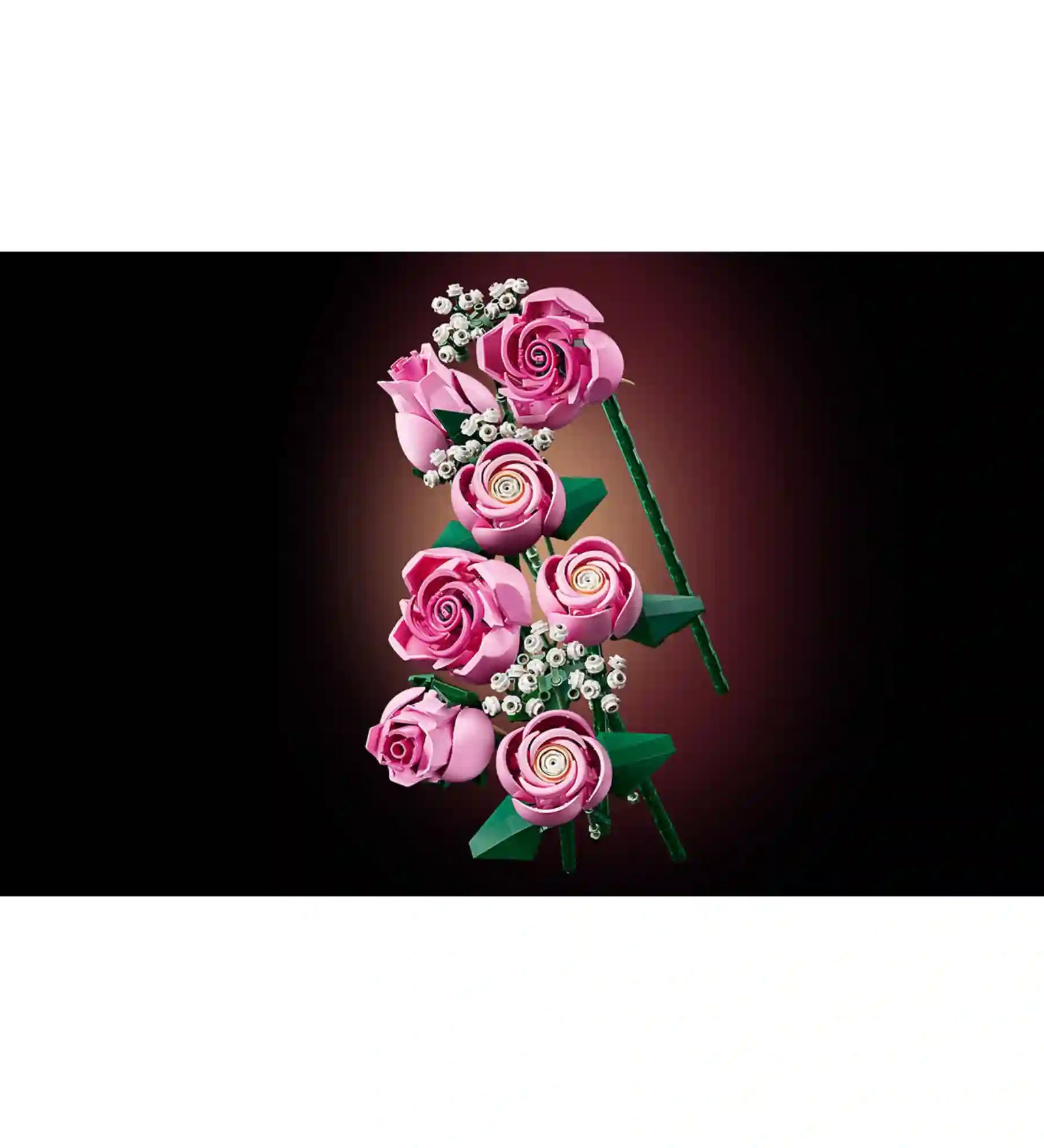 A LEGO Botanicals Rózsaszín rózsacsokor (10374) építőkészlet néhány összeépített rózsaszála fekete háttér előtt.