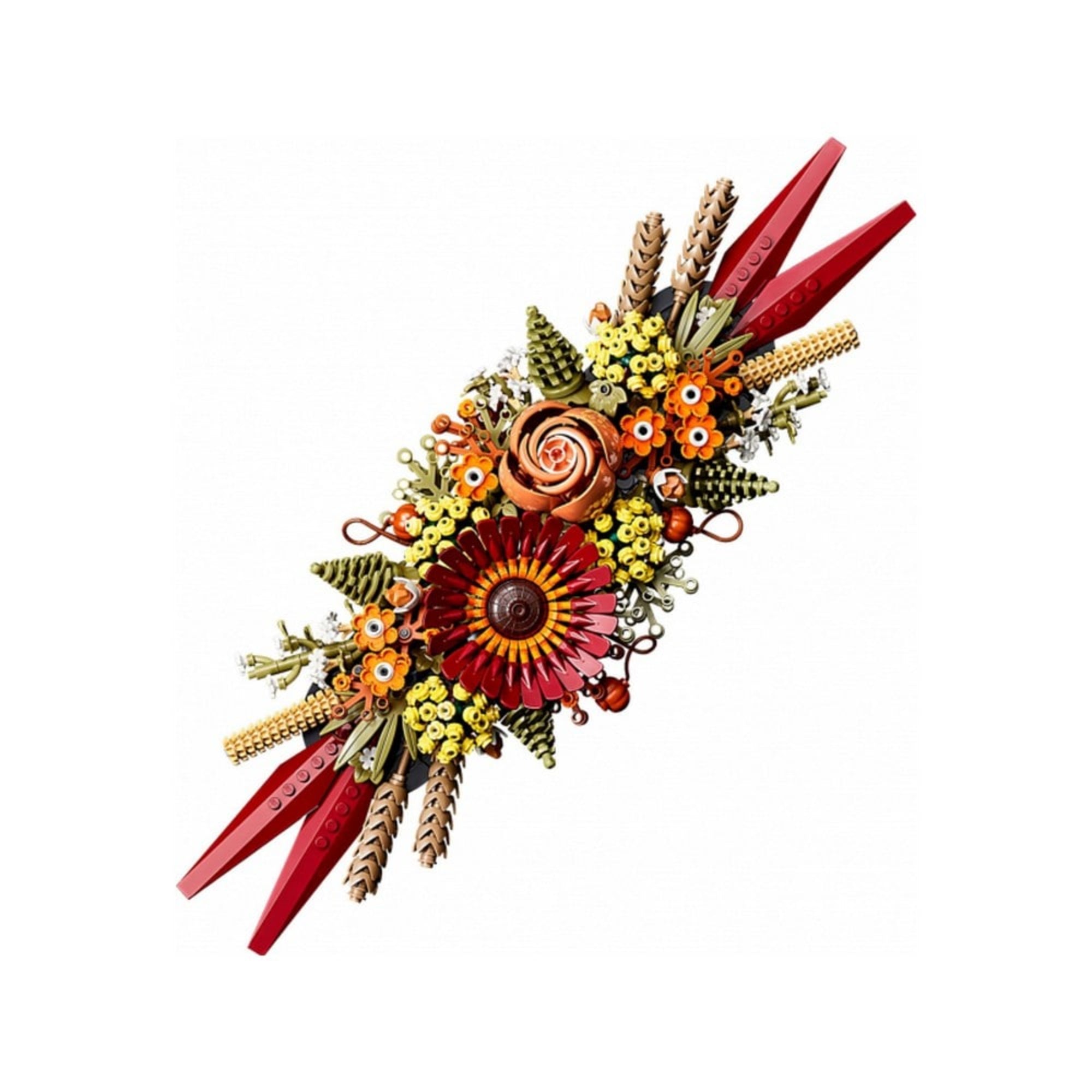  LEGO Dried Flower Centerpiece (10314) virágdísz felülnézetből, különféle LEGO alkatrészekből épített piros, narancs és sárga virágokkal.