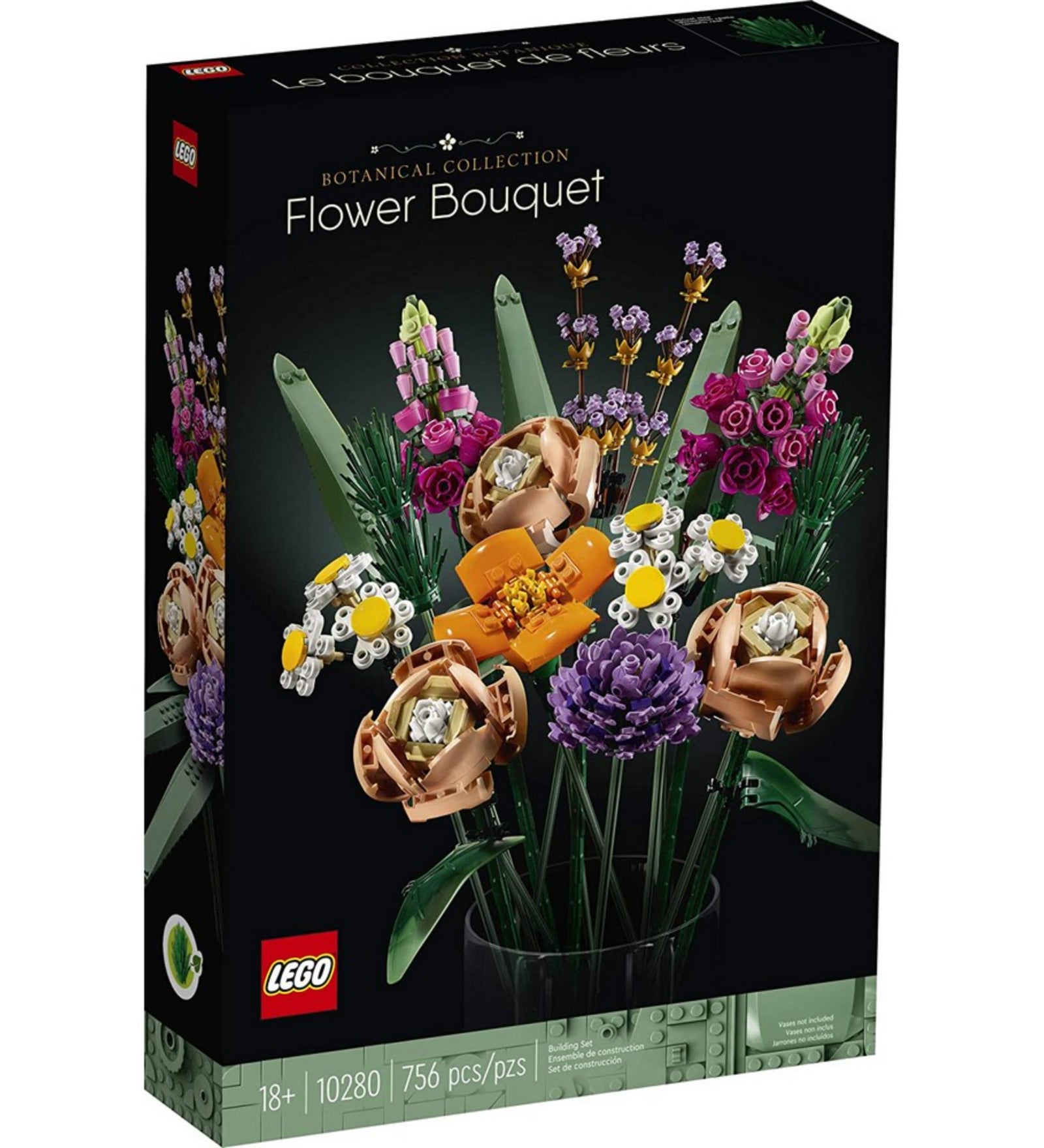 A LEGO Flower Bouquet (10280) doboza, amely színes LEGO virágcsokrot ábrázol fekete háttér előtt.