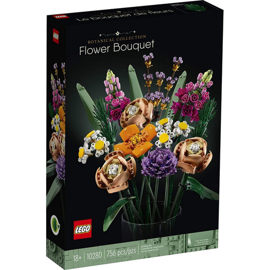 A LEGO Flower Bouquet (10280) doboza, amely színes LEGO virágcsokrot ábrázol fekete háttér előtt.