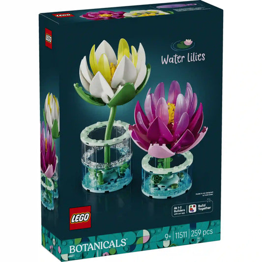 LEGO Botanicals Tavirózsák (11511) készlet elülső dobozképe, amely a részletgazdag fehér és rózsaszín tavirózsa virágokat mutatja dekoratív botanikai modellként.