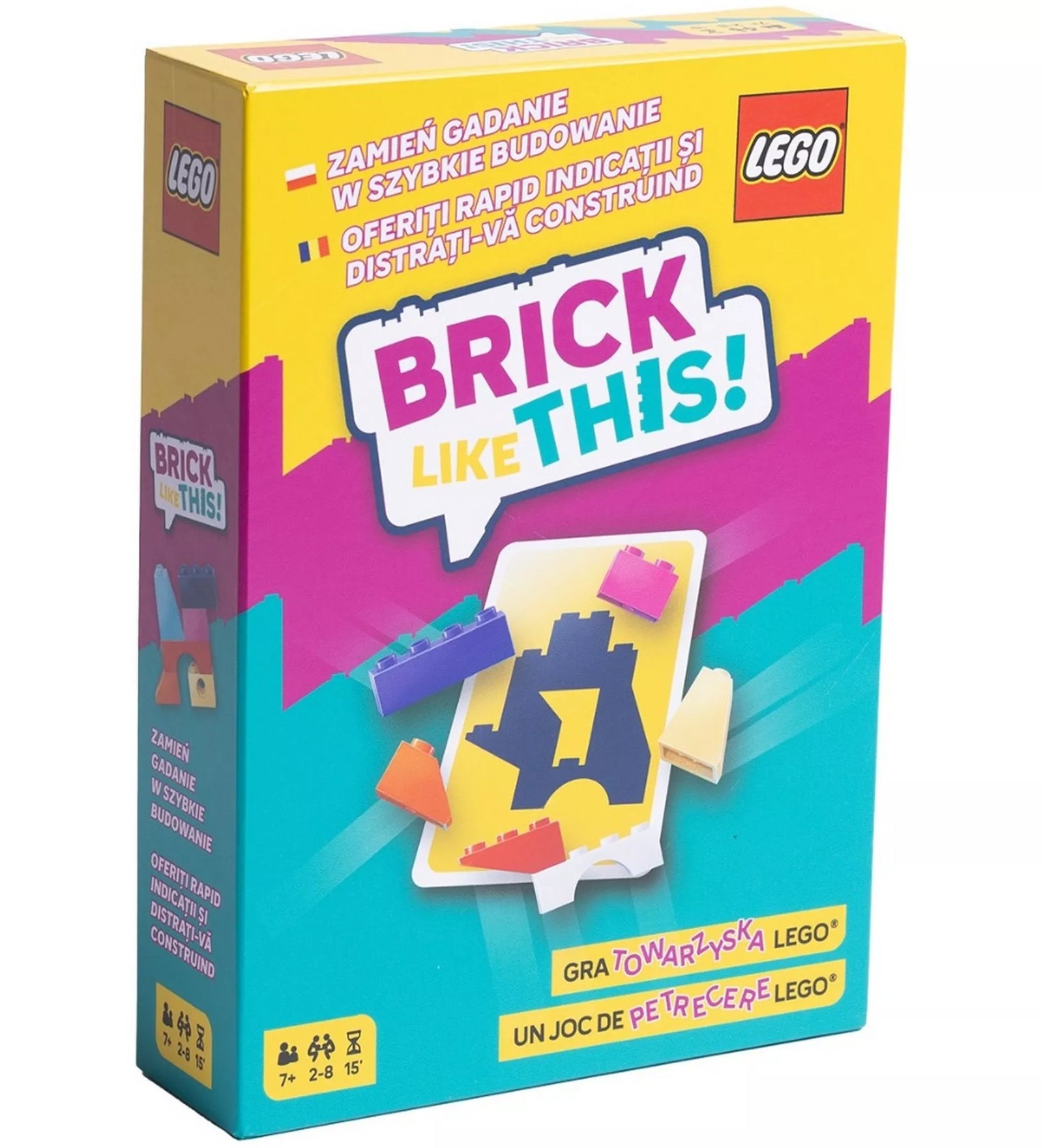 A LEGO Brick Like This! társasjáték színes doboza, amelyen LEGO elemek és kártyák láthatók vidám, sárga-rózsaszín-kék háttér előtt.