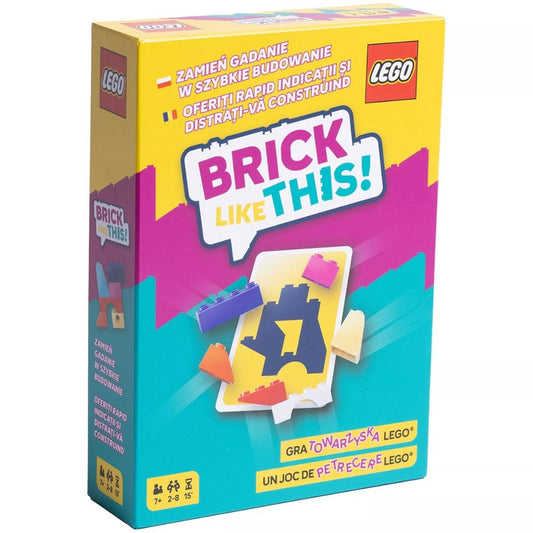 A LEGO Brick Like This! társasjáték színes doboza, amelyen LEGO elemek és kártyák láthatók vidám, sárga-rózsaszín-kék háttér előtt.