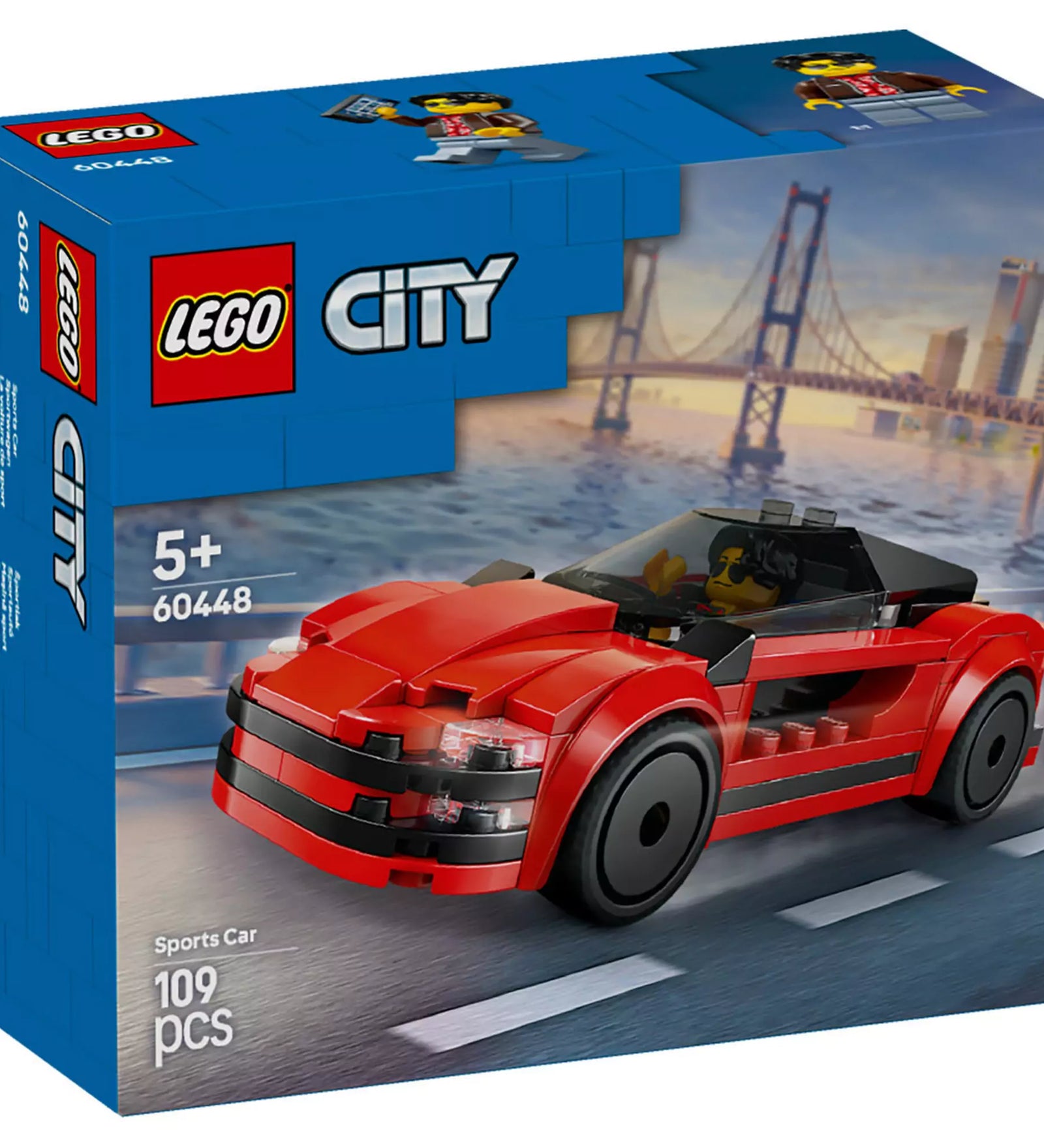 LEGO CITY Piros sportautó (60448) dobozának elülső oldala, amely bemutatja a stílusos vörös sportautót és a minifigurát háttérben egy városi tájjal.