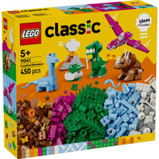 A LEGO CLASSIC Kreatív dinoszauruszok (11041) készlet dobozának elülső része, amely 450 színes építőkockát és különleges dinoszauruszmodelleket ábrázol.