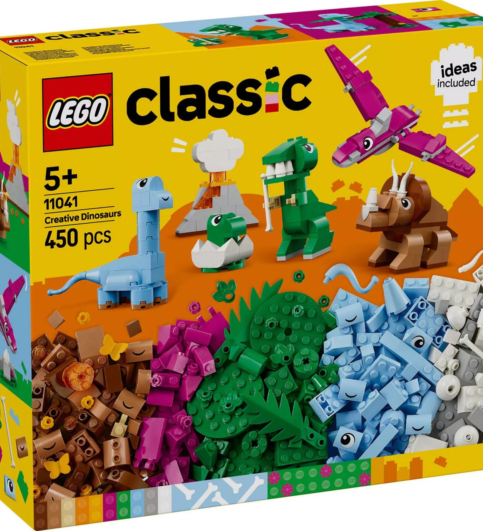 A LEGO CLASSIC Kreatív dinoszauruszok (11041) készlet dobozának elülső része, amely 450 színes építőkockát és különleges dinoszauruszmodelleket ábrázol.
