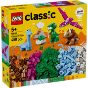 A LEGO CLASSIC Kreatív dinoszauruszok (11041) készlet dobozának elülső része, amely 450 színes építőkockát és különleges dinoszauruszmodelleket ábrázol.