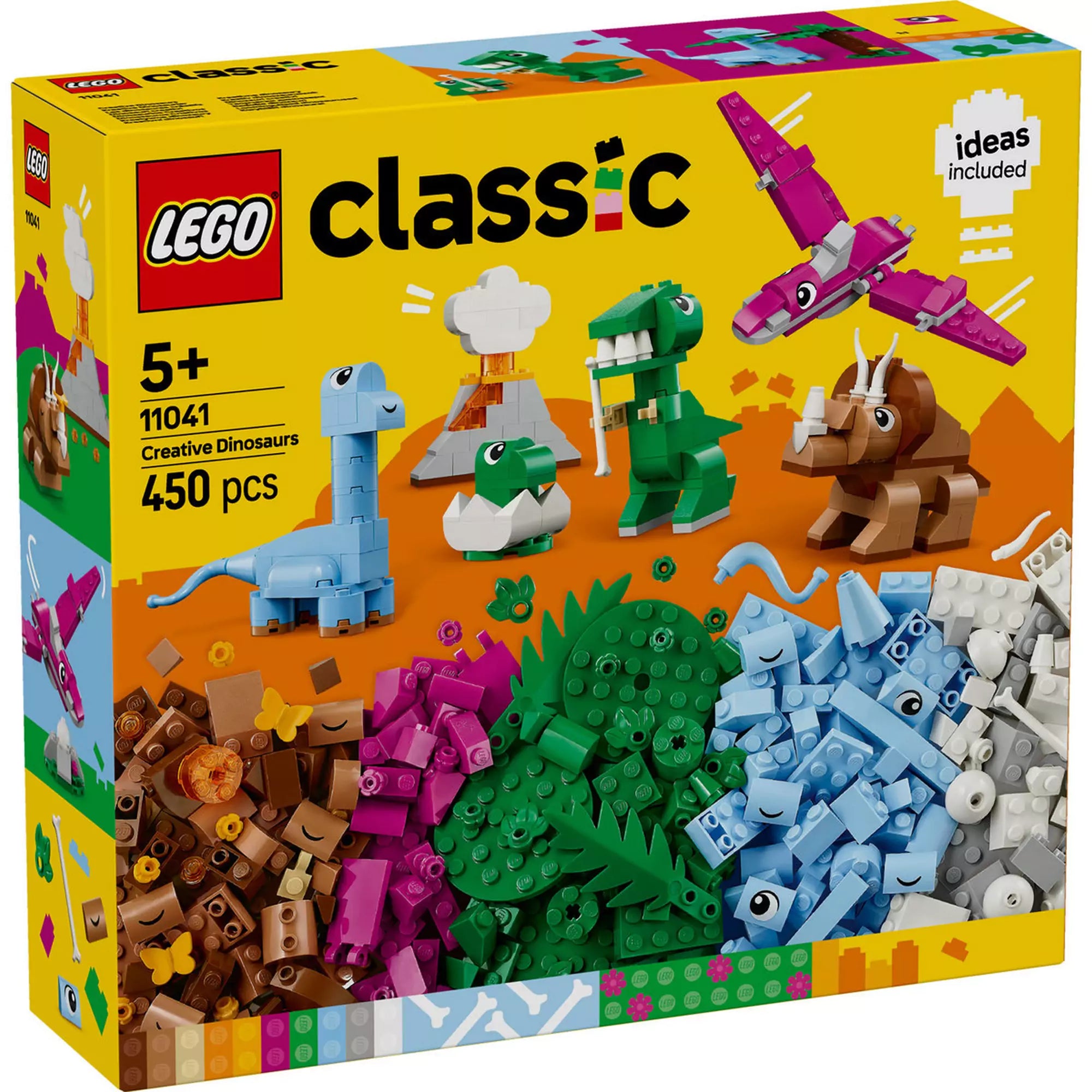 A LEGO CLASSIC Kreatív dinoszauruszok (11041) készlet dobozának elülső része, amely 450 színes építőkockát és különleges dinoszauruszmodelleket ábrázol.