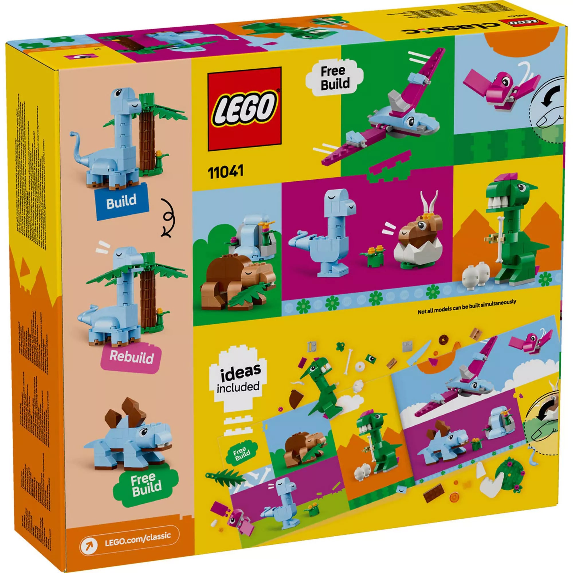 A LEGO CLASSIC Kreatív dinoszauruszok (11041) készlet dobozának hátoldala, amely különböző dinoszaurusz- és építési ötleteket mutat be.