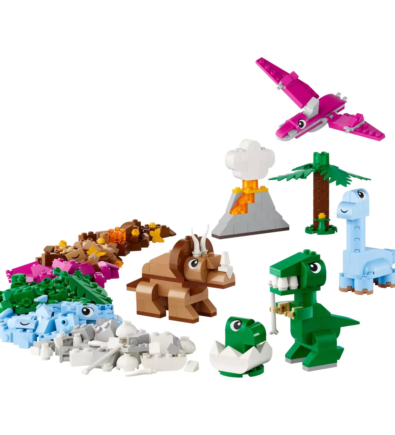 Megépített dinoszauruszok és vulkán a "LEGO Classic Kreatív dinoszauruszok (11041)" szettből, körülöttük színes LEGO kockák.