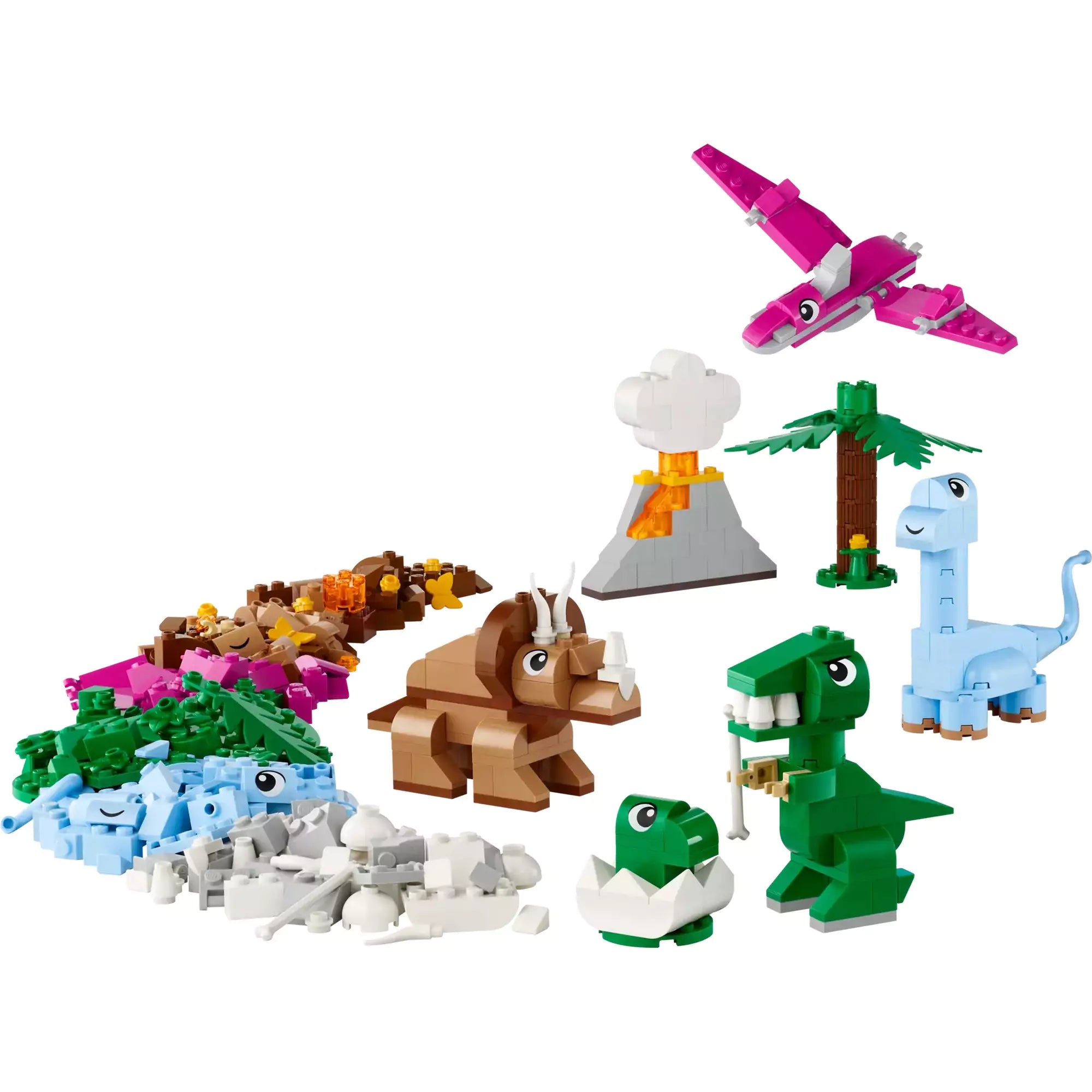 Megépített dinoszauruszok és vulkán a "LEGO Classic Kreatív dinoszauruszok (11041)" szettből, körülöttük színes LEGO kockák.
