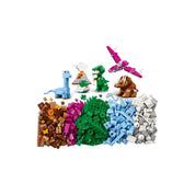 Színes LEGO kockák és megépített dinoszaurusz figurák az "LEGO Classic Kreatív dinoszauruszok (11041)" készletből.