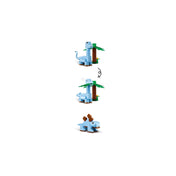 Kék dinoszaurusz figura három különböző variációban bemutatva az "LEGO Classic Kreatív dinoszauruszok (11041)" készletből.