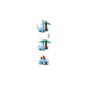 Kék dinoszaurusz figura három különböző variációban bemutatva az "LEGO Classic Kreatív dinoszauruszok (11041)" készletből.