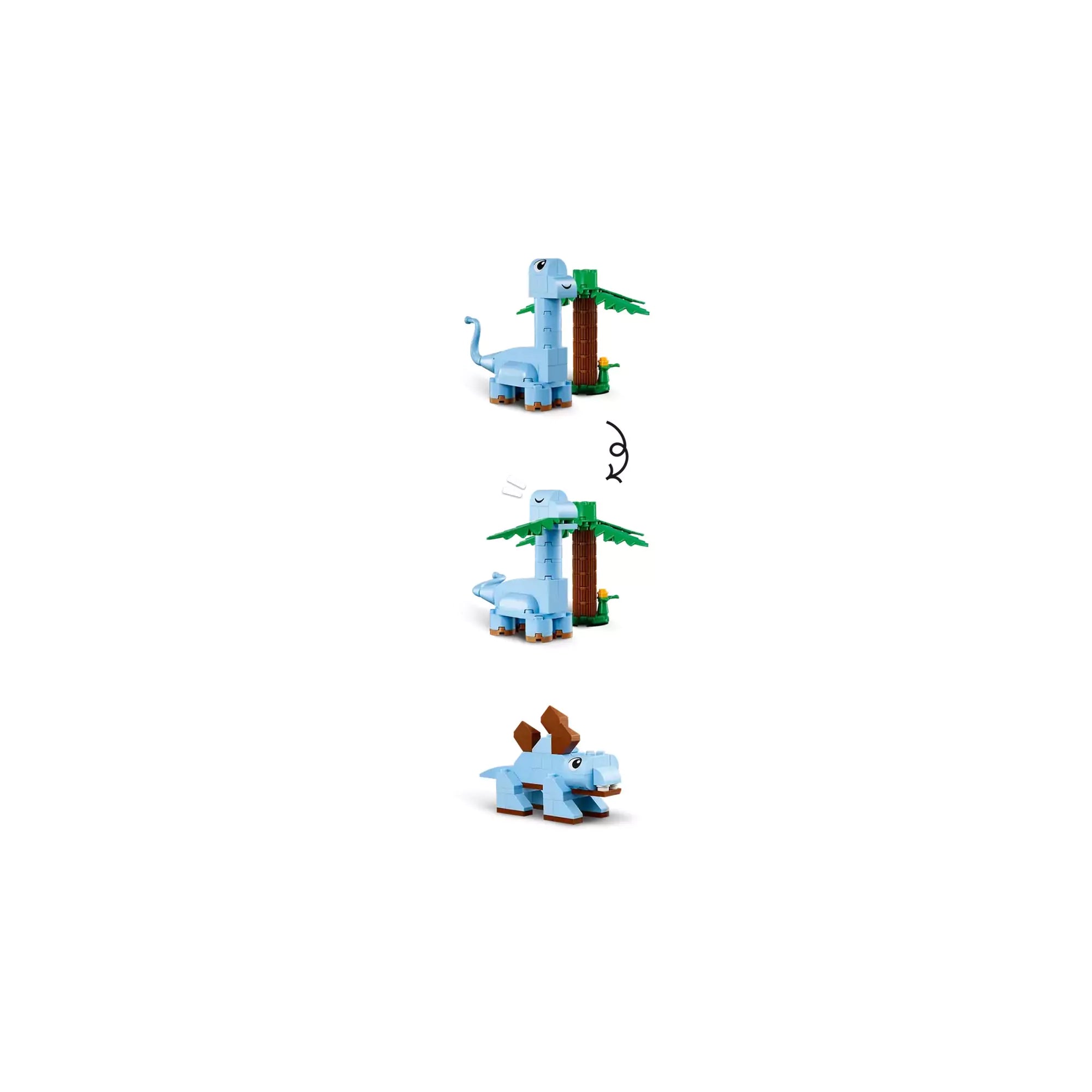 Kék dinoszaurusz figura három különböző variációban bemutatva az "LEGO Classic Kreatív dinoszauruszok (11041)" készletből.