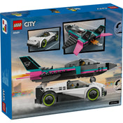 LEGO City Jet vs. Car készlet dobozának hátoldala, járműfunkciók és akciójelenetek.