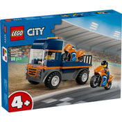 LEGO City Motoros szállító készlet dobozának eleje, teherautóval és versenymotorral.