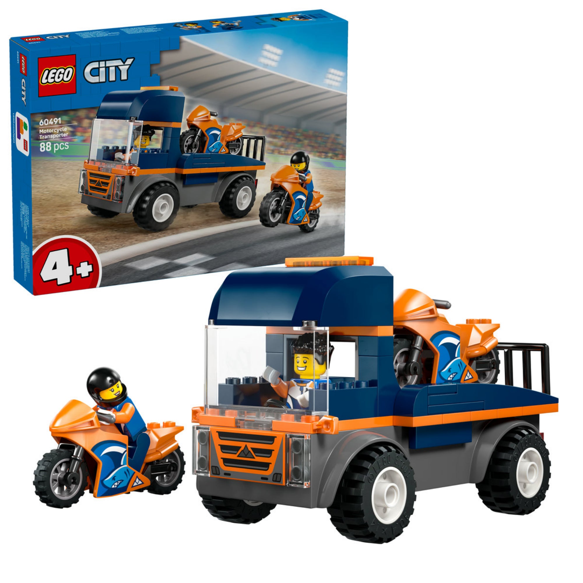 LEGO City 60491 Motoros szállító készlet doboza és megépített jármű motorokkal.