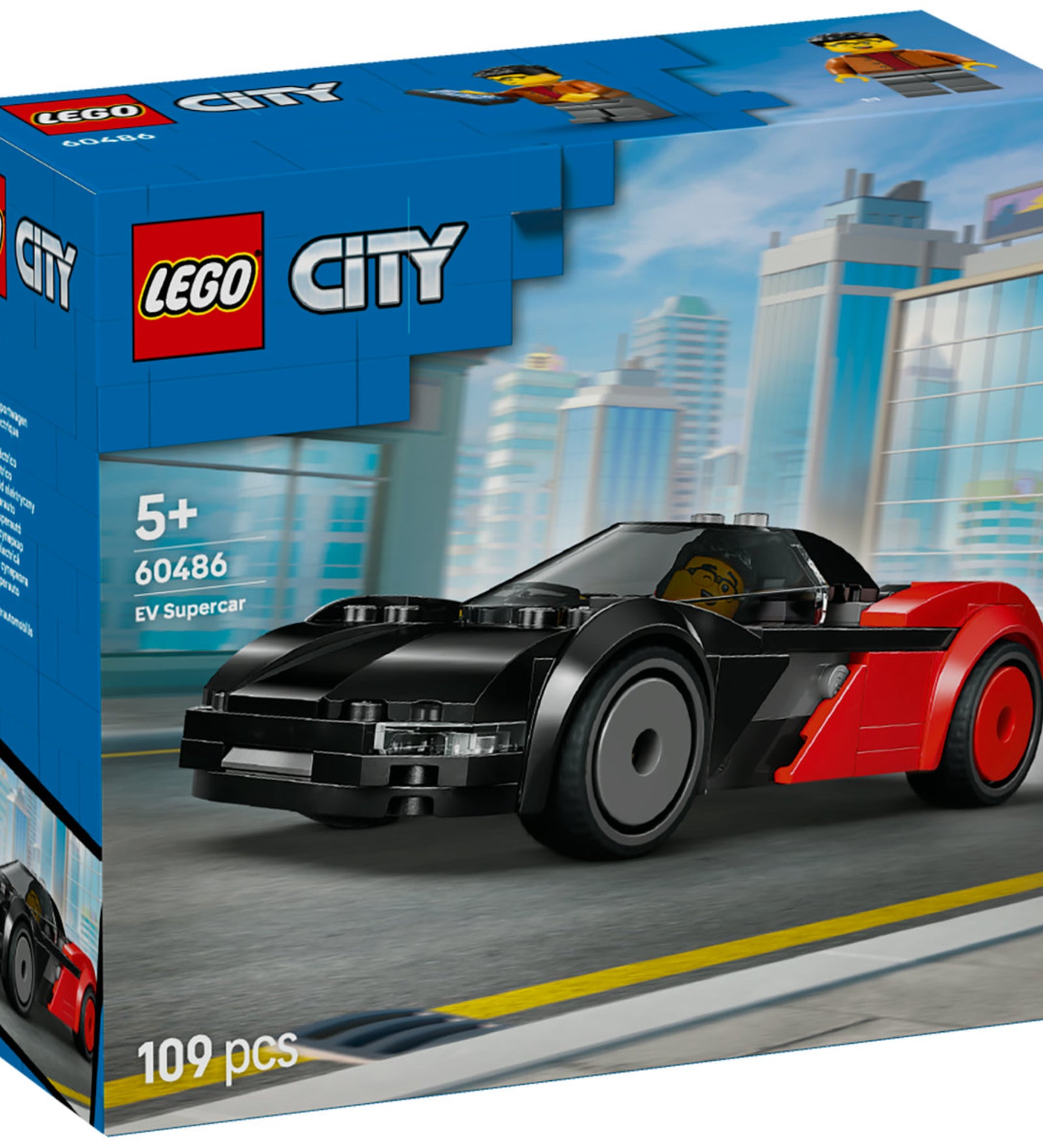 LEGO City EV Supercar (60486) – a készlet dobozának elölnézete, fekete–piros elektromos sportautó városi környezetben.