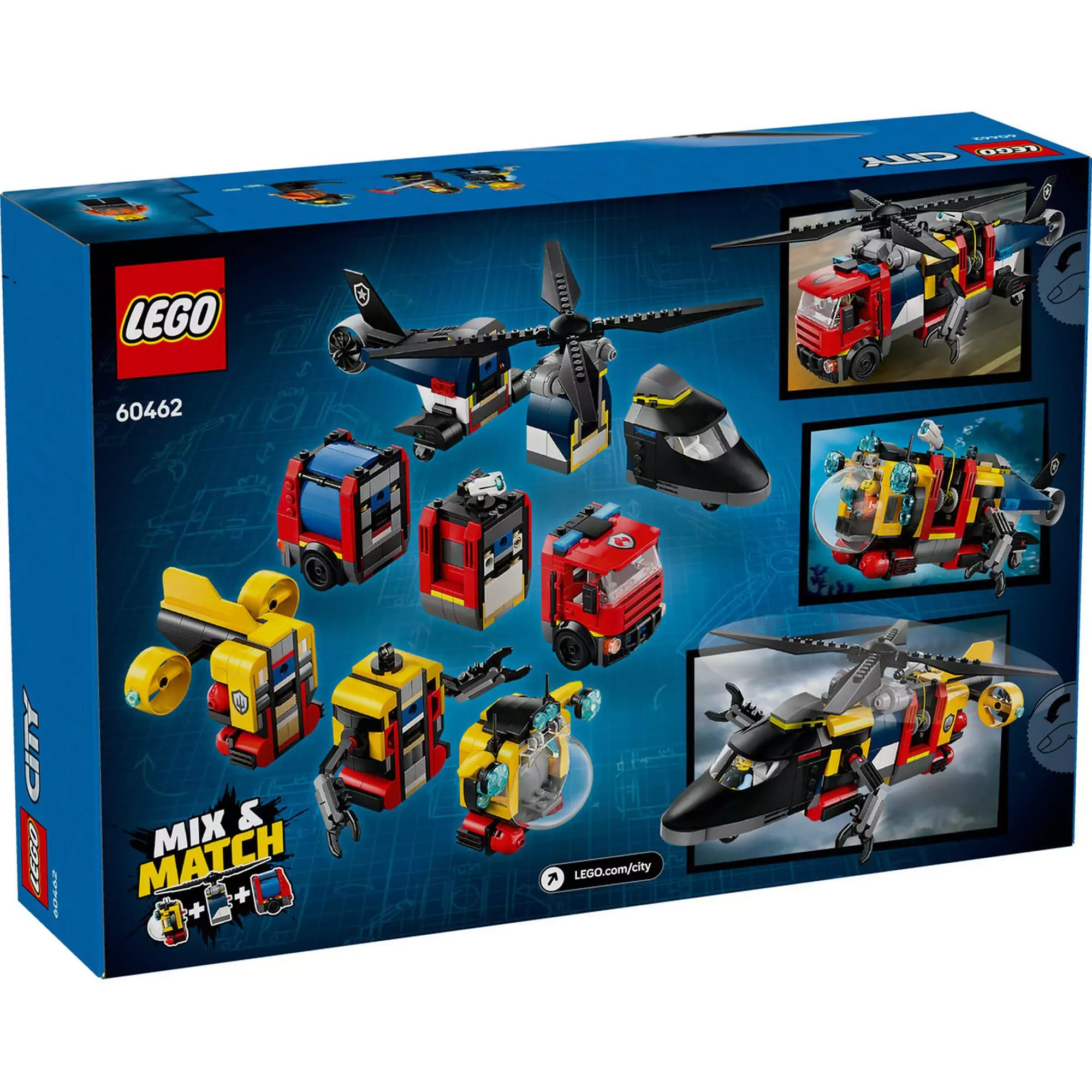 LEGO City Helikopter, tűzoltóautó és tengeralattjáró szett hátulja, moduláris építési lehetőségekkel.