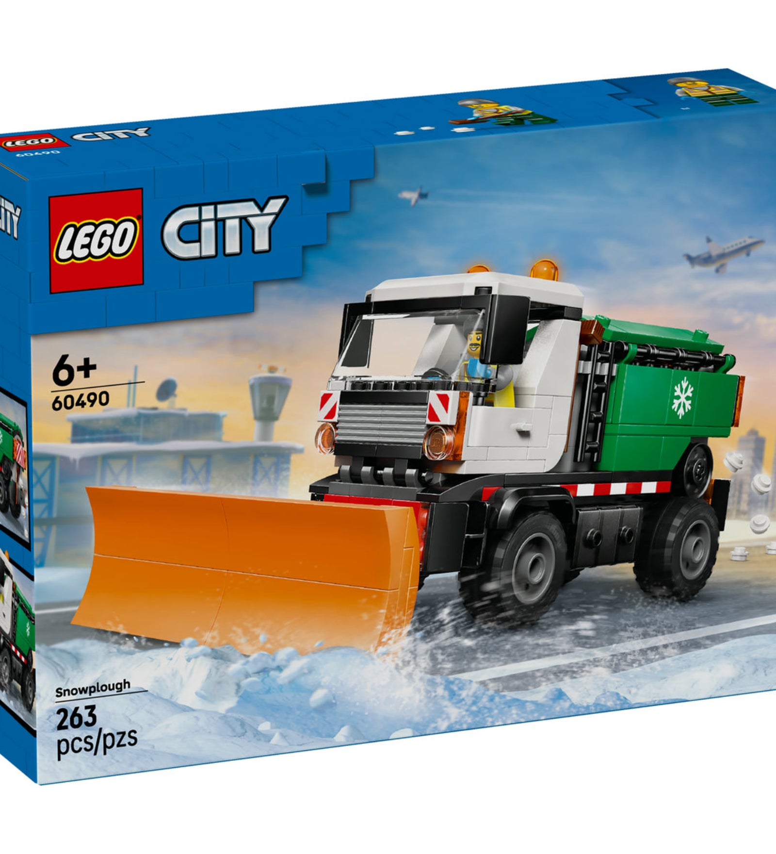 LEGO City Snowplough (60490) – a készlet dobozának elölnézete, narancssárga hóeke pengével havas környezetben.