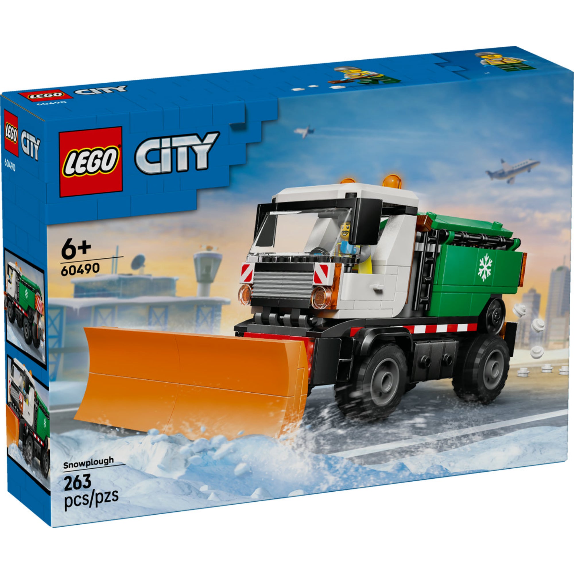 LEGO City Snowplough (60490) – a készlet dobozának elölnézete, narancssárga hóeke pengével havas környezetben.