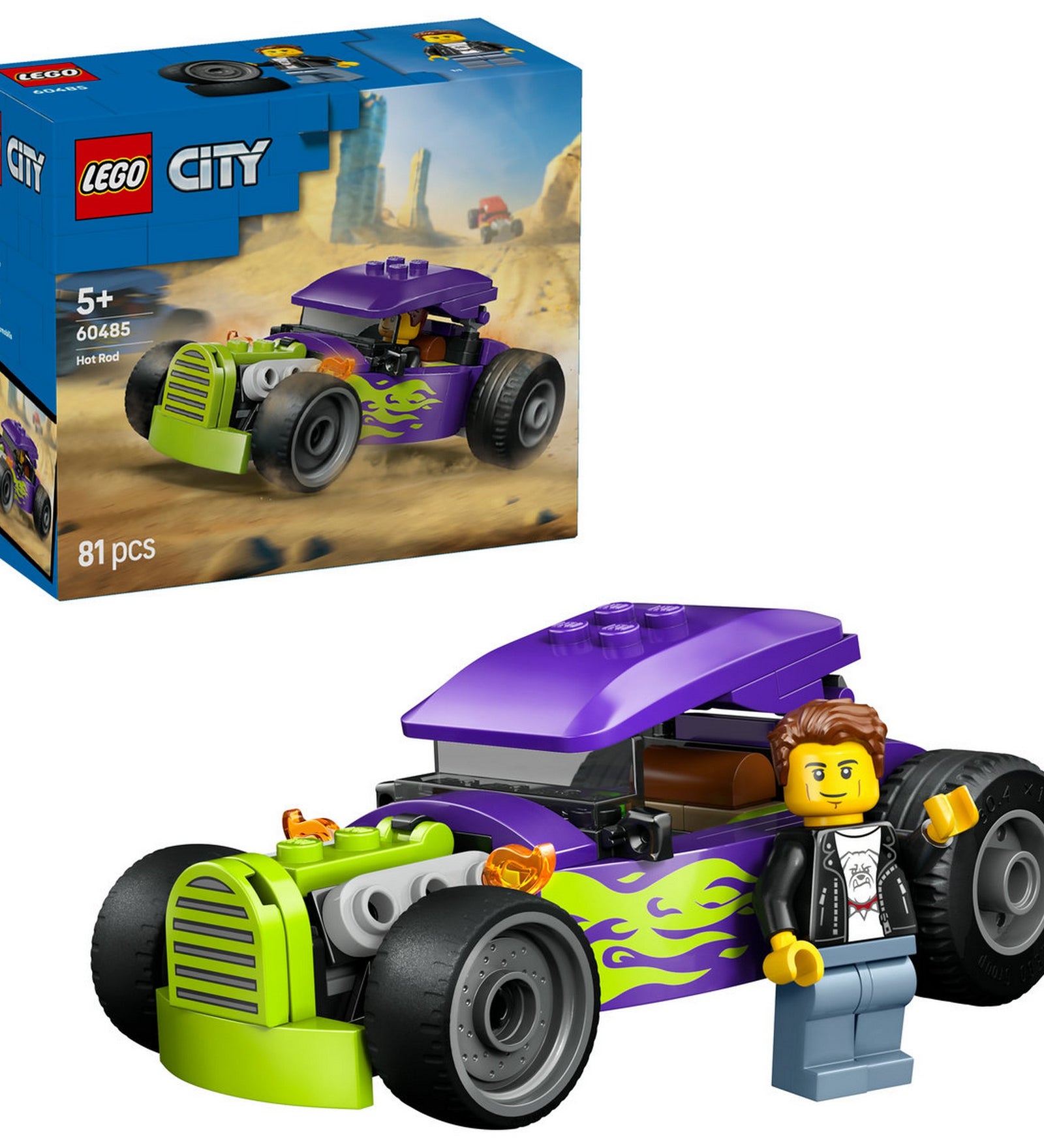 LEGO City Hot Rod 60485 – megépített hot rod autó minifigurával és dobozképpel.