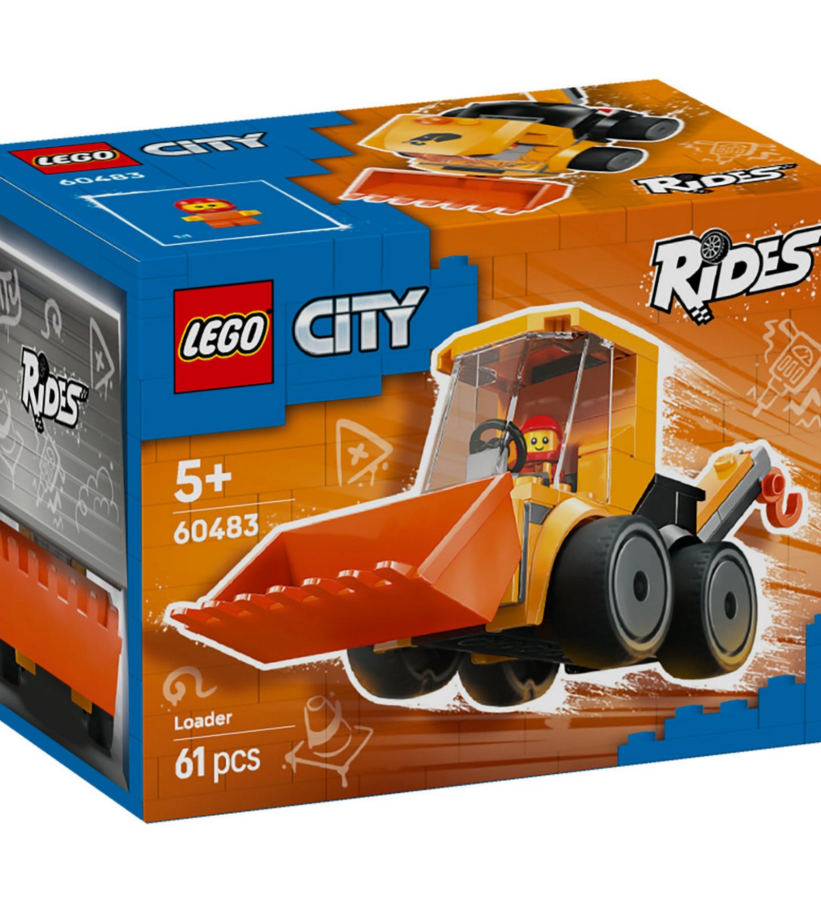 LEGO City Rakodógép 60483 – elölnézeti dobozkép, sárga rakodógép nagy kanállal a LEGO City Rides sorozatból.