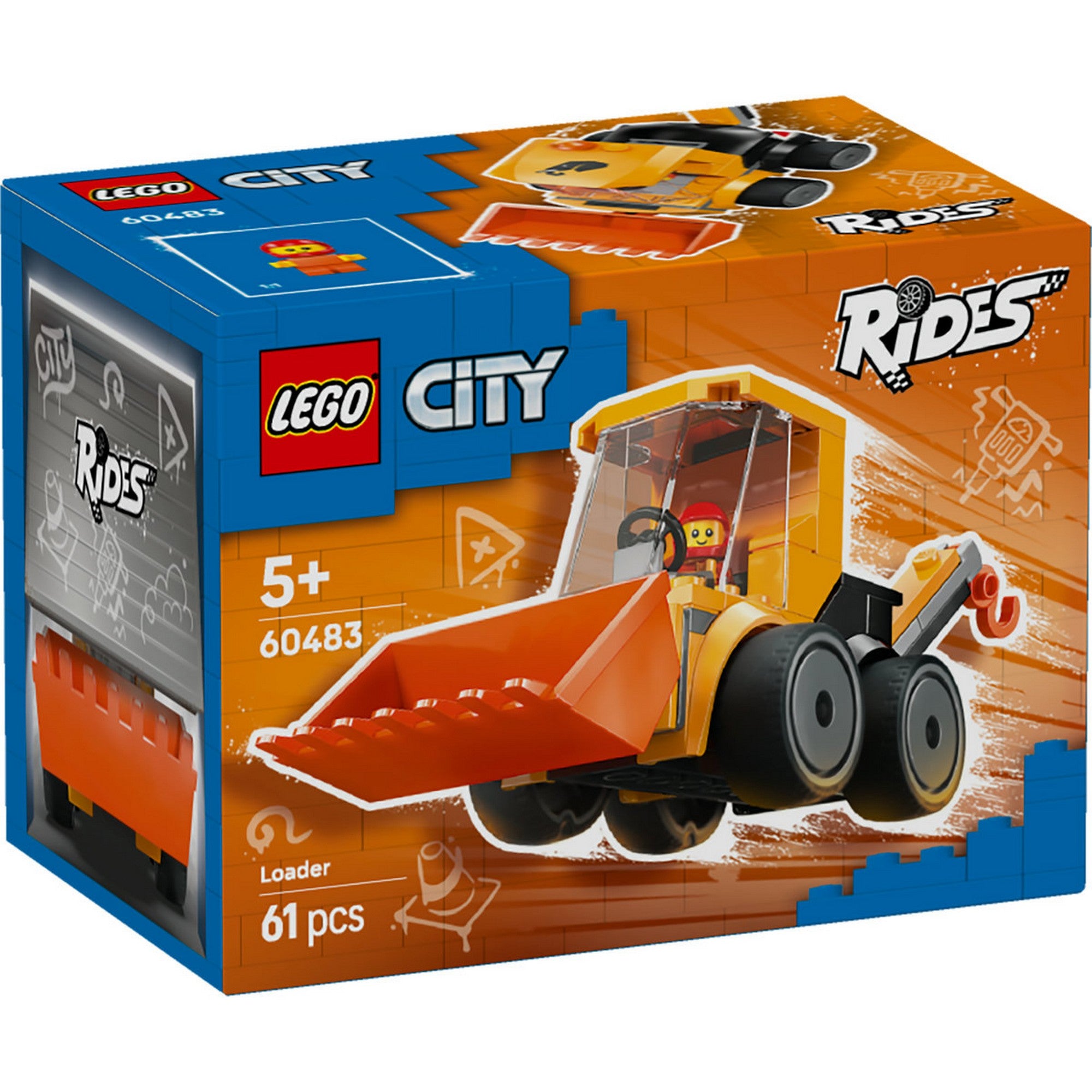 LEGO City Rakodógép 60483 – elölnézeti dobozkép, sárga rakodógép nagy kanállal a LEGO City Rides sorozatból.