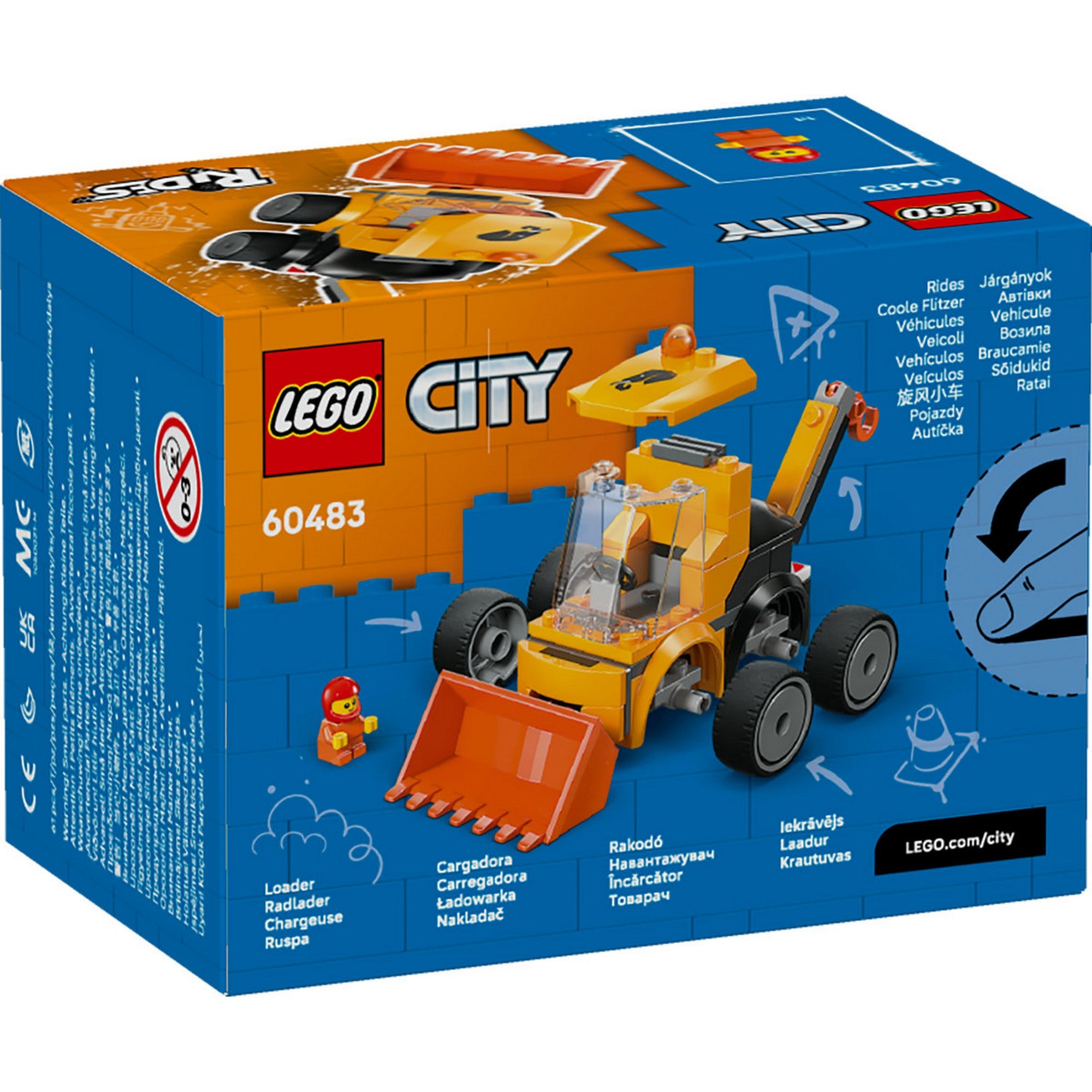 LEGO City Rakodógép 60483 – doboz hátoldala, a rakodógép funkcióinak és játékötleteinek bemutatása.
