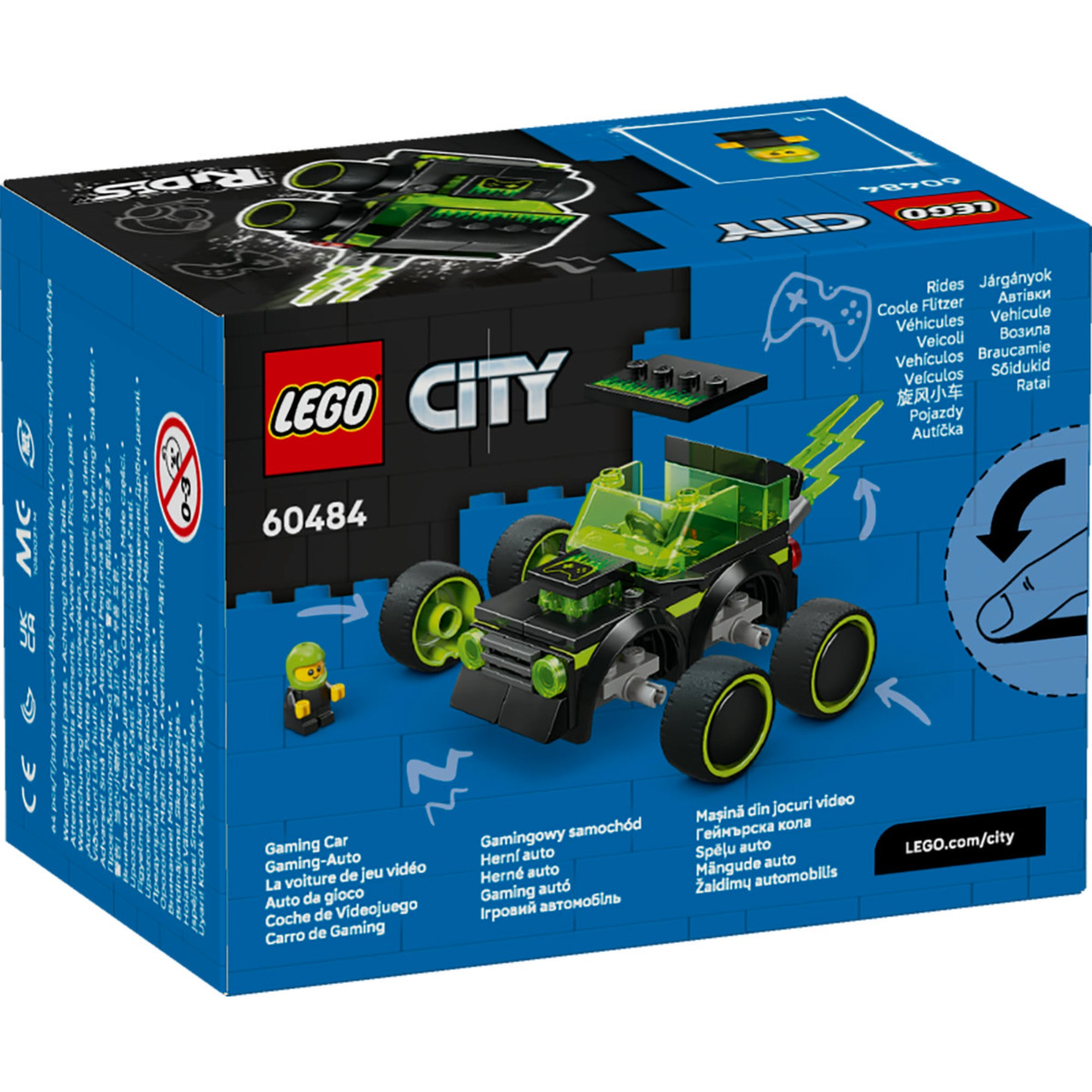 LEGO City Gaming Car (60484) – a doboz hátoldala, az autó részletei és játékfunkciók bemutatása.