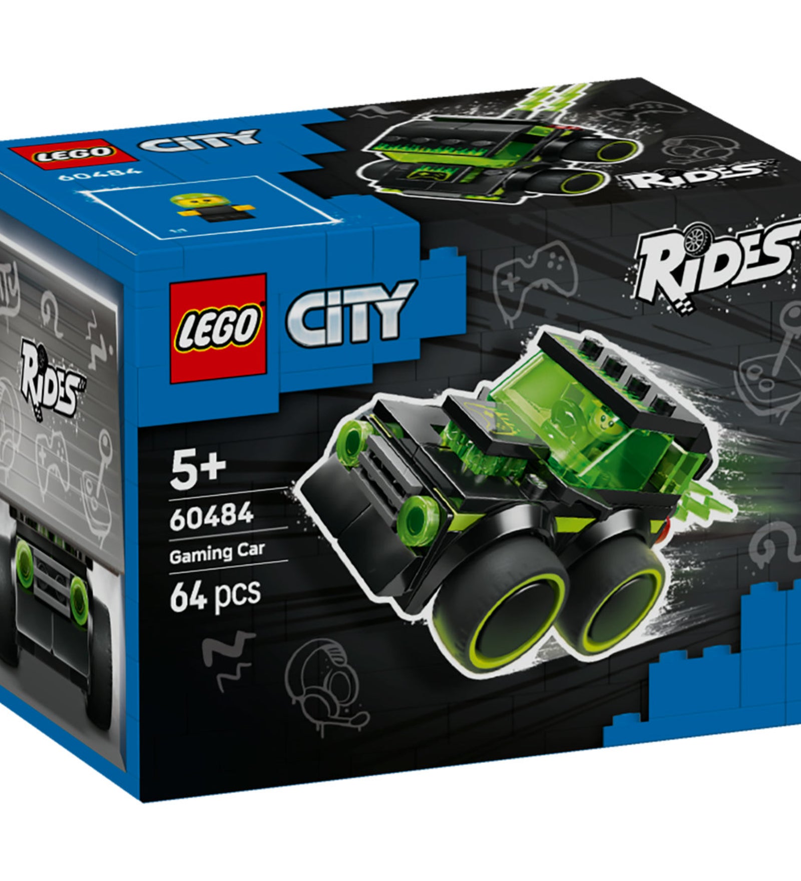 LEGO City Gaming Car (60484) – a készlet dobozának elölnézete, zöld-fekete gamer stílusú autóval.