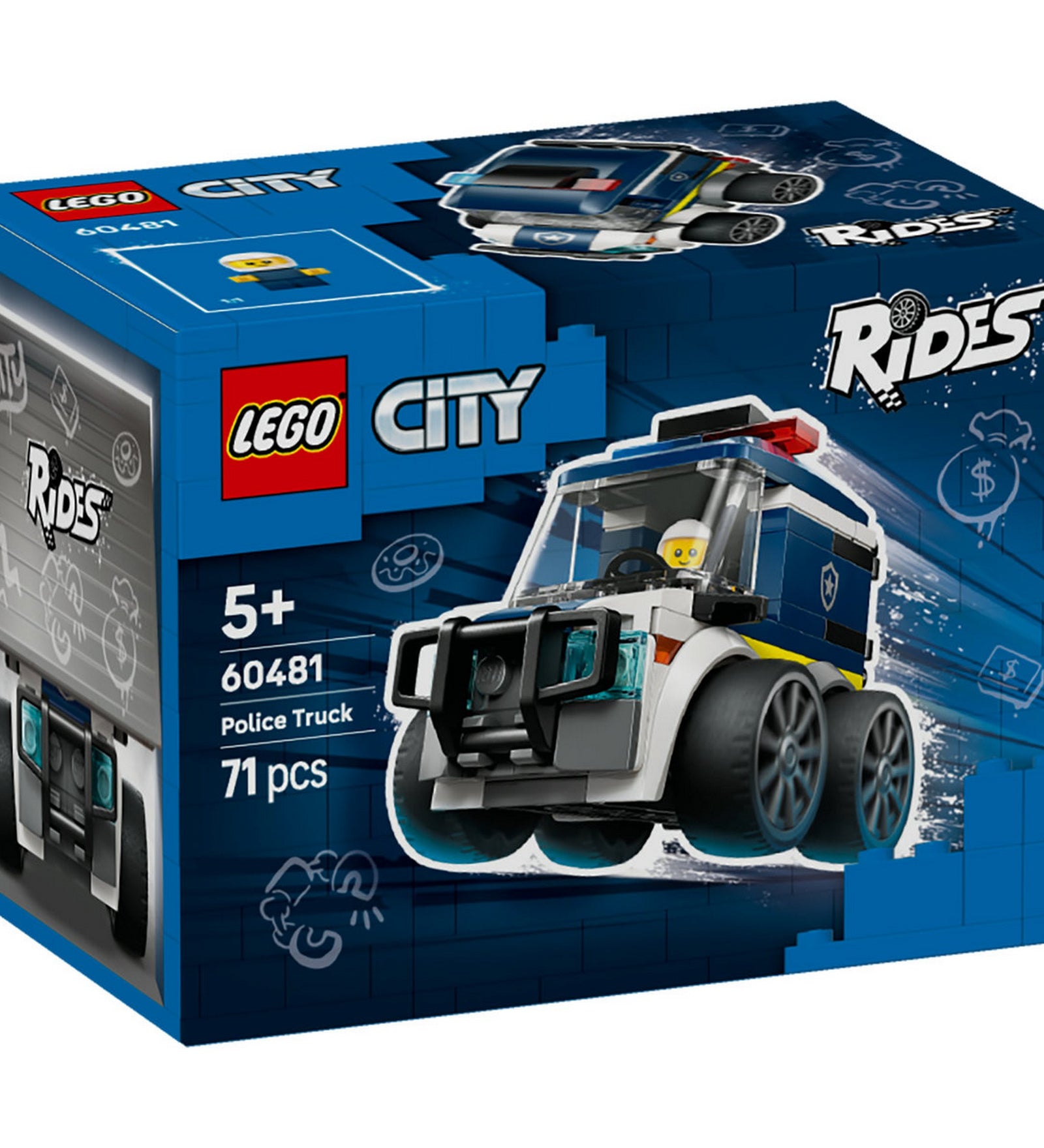 LEGO City Rendőrségi teherautó 60481 – elölnézeti dobozkép, kék-fehér rendőrautó a LEGO City Rides sorozatból.
