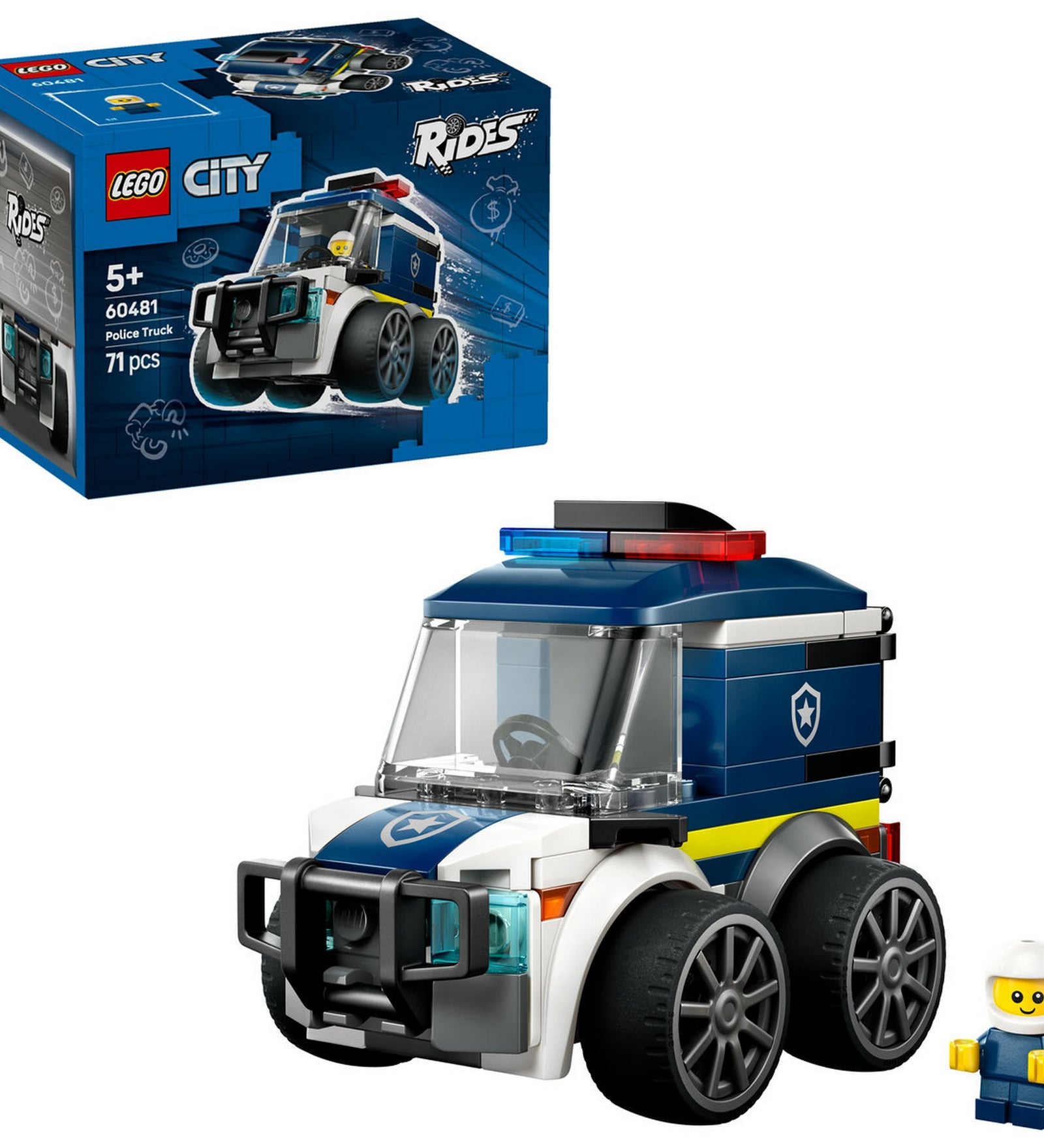 LEGO City Rendőrségi teherautó 60481 – megépített rendőrségi jármű minifigurával, fehér háttéren.