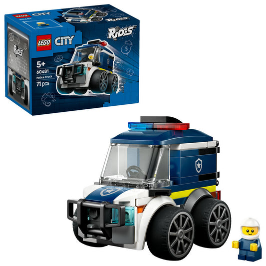 LEGO City Rendőrségi teherautó 60481 – megépített rendőrségi jármű minifigurával, fehér háttéren.