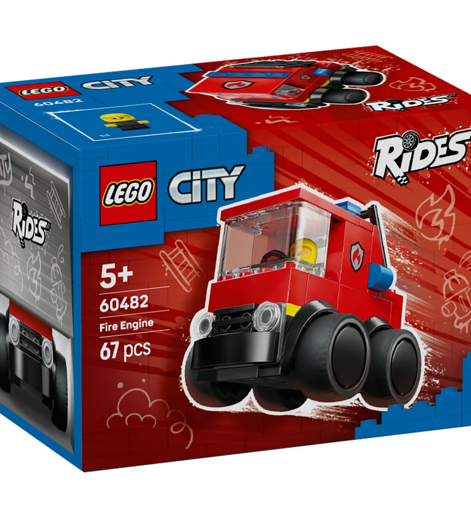 LEGO City Tűzoltóautó 60482 – elölnézeti dobozkép, piros tűzoltóautó a LEGO City Rides sorozatból.