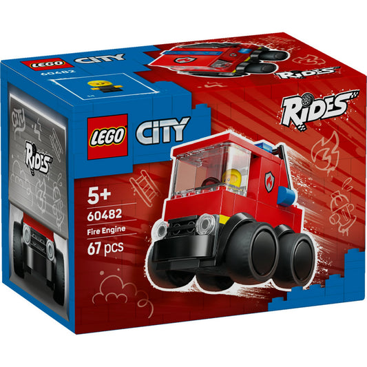 LEGO City Tűzoltóautó 60482 – elölnézeti dobozkép, piros tűzoltóautó a LEGO City Rides sorozatból.