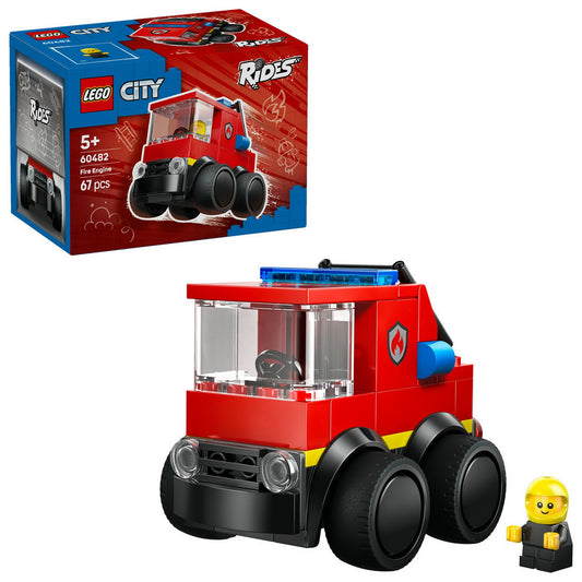 LEGO City Tűzoltóautó 60482 – megépített tűzoltóautó minifigurával, fehér háttéren.