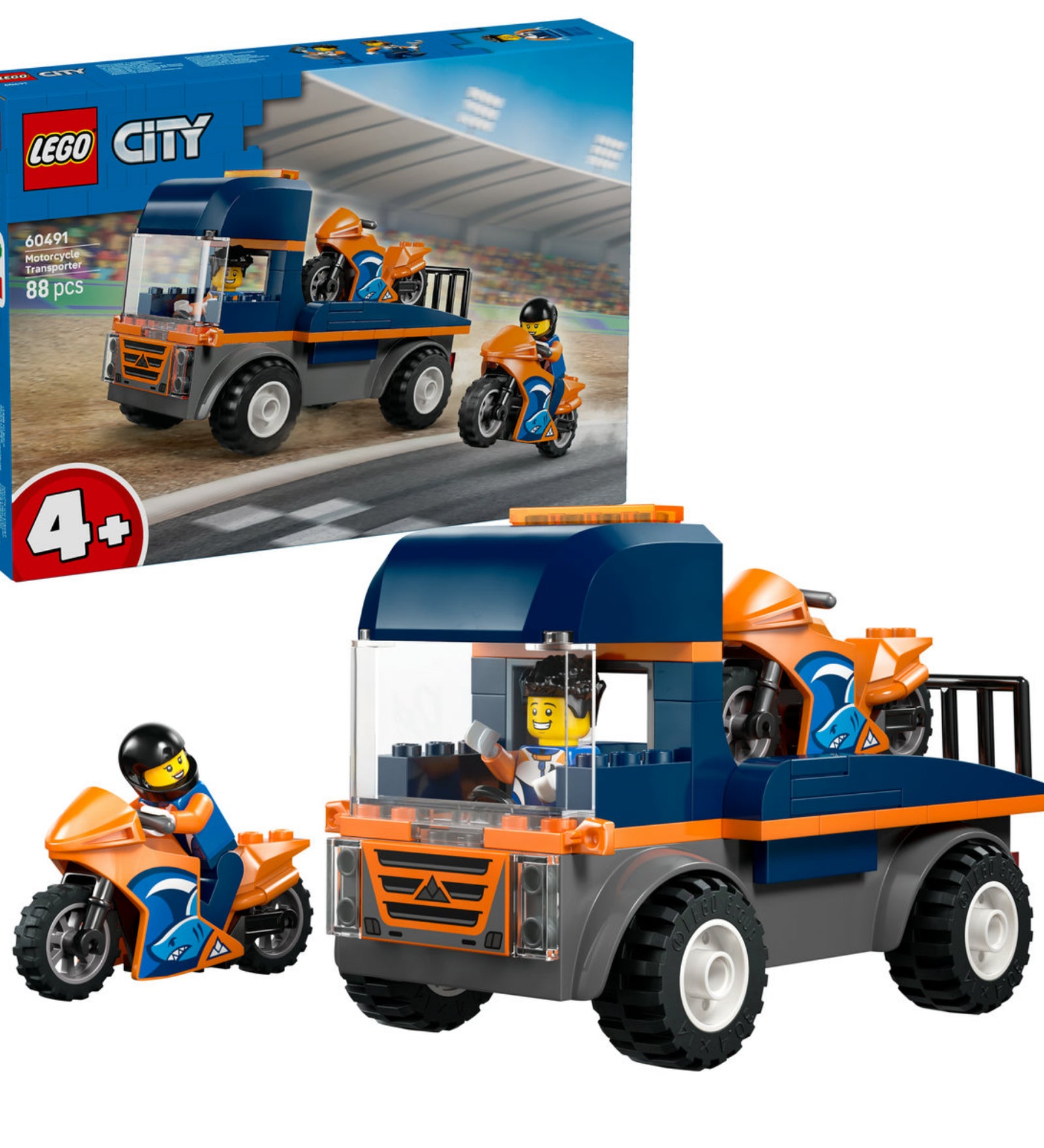 LEGO City 60491 Motoros szállító készlet doboza és megépített jármű motorokkal.