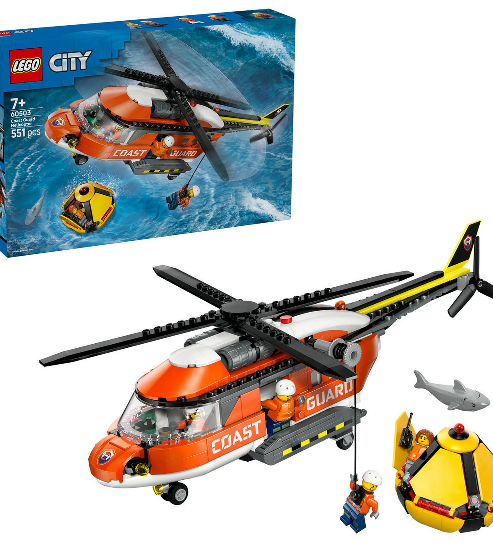 LEGO City Parti őrség mentőhelikopter 60503 doboz előlapja, repülő mentőhelikopterrel, csörlőn leeresztett mentőfigurával és tengeri mentési akcióval