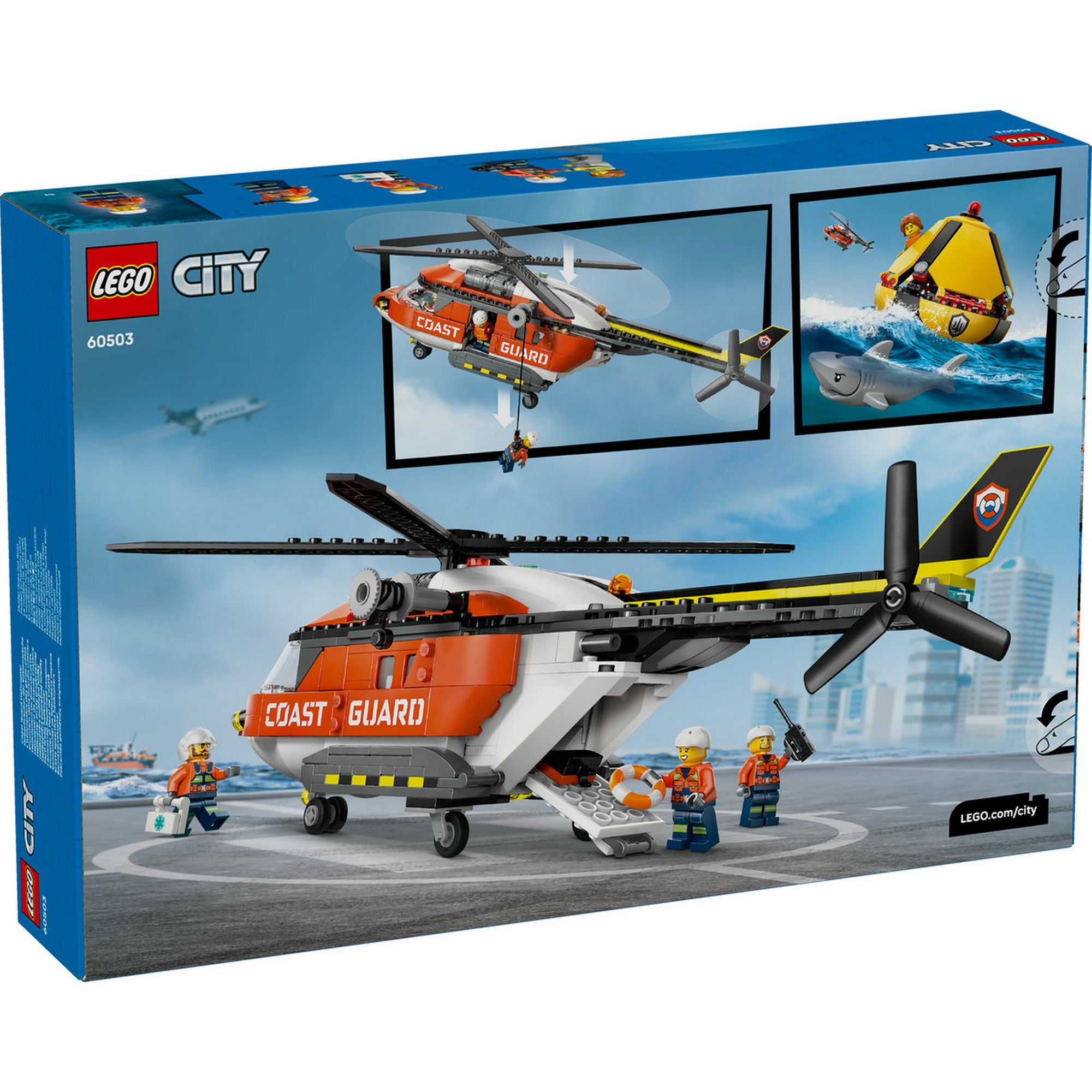 GO City Parti őrség mentőhelikopter 60503 készlet hátoldala, a helikopter földi állapotban, nyitható hátsó rámpával, minifigurákkal és mentési kiegészítőkkel bemutatva