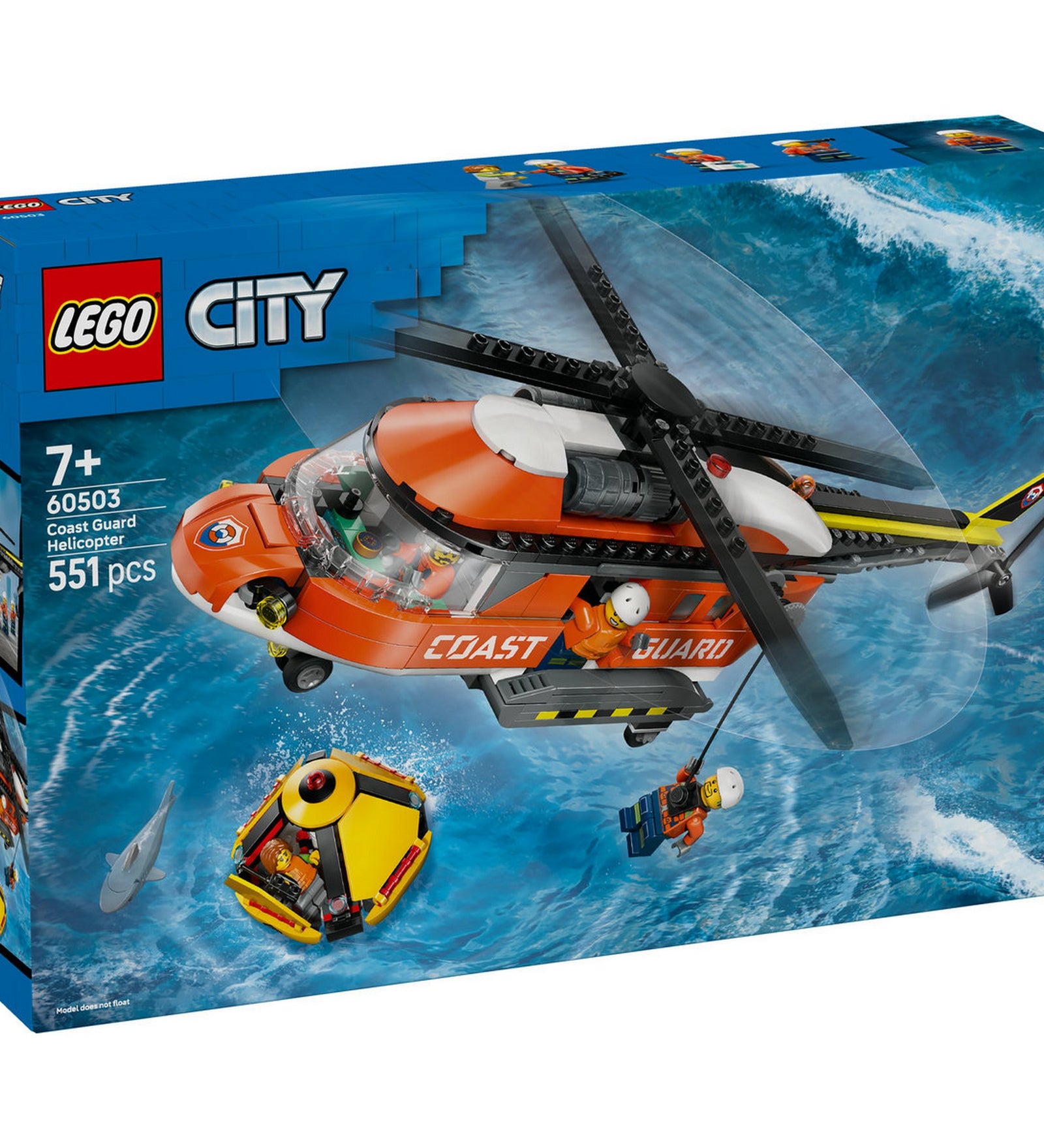 LEGO City Parti őrség mentőhelikopter 60503 doboza, tengeri mentési jelenettel, narancssárga mentőhelikopterrel, vízbe zuhant sárga mentőkapszulával és cápával a hullámzó tengeren