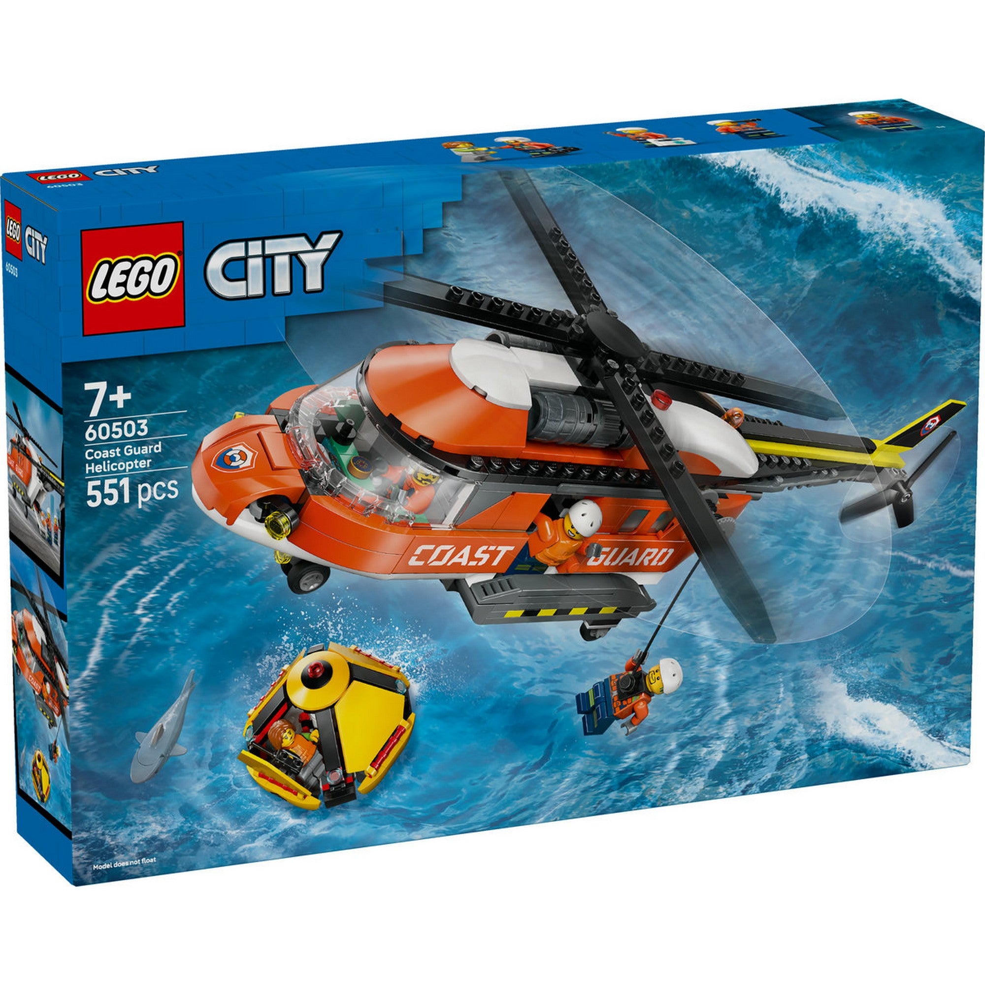 LEGO City Parti őrség mentőhelikopter 60503 doboza, tengeri mentési jelenettel, narancssárga mentőhelikopterrel, vízbe zuhant sárga mentőkapszulával és cápával a hullámzó tengeren