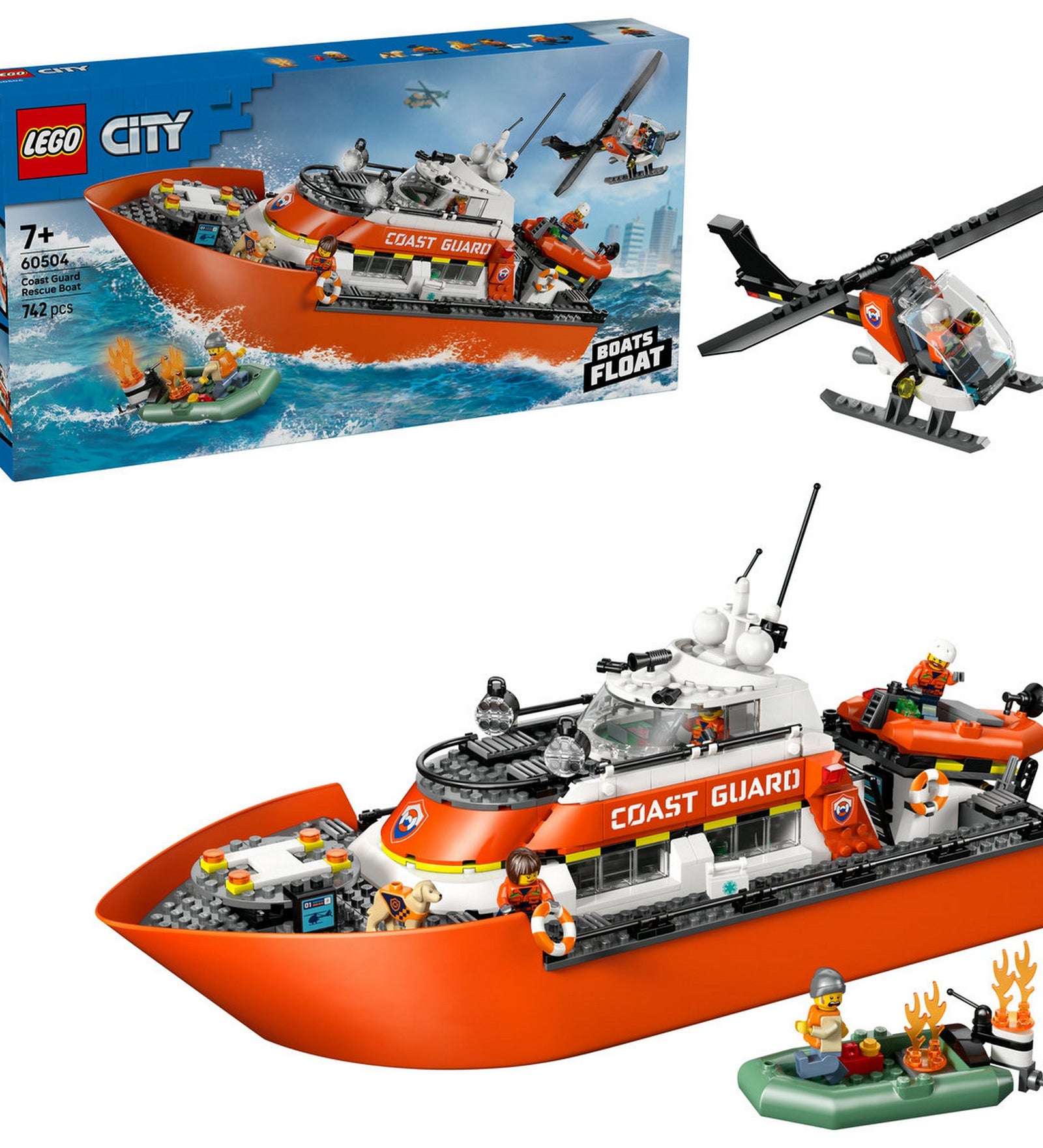 LEGO City Coast Guard Rescue Boat (60504) készlet bemutató képe, a doboz mellett a teljesen megépített mentőhajóval, helikopterrel, gumicsónakkal és égő tutaj jelenettel.