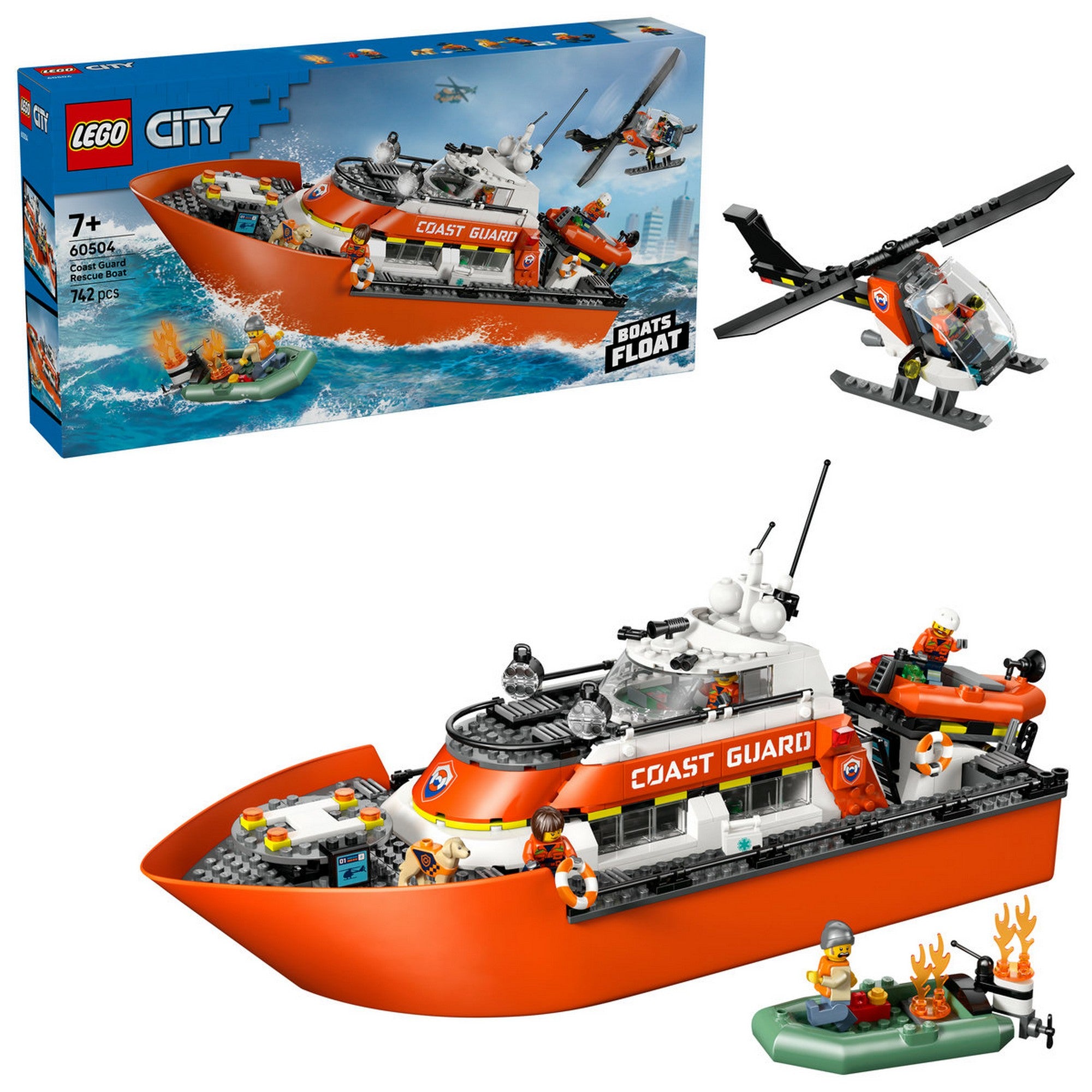 LEGO City Coast Guard Rescue Boat (60504) készlet bemutató képe, a doboz mellett a teljesen megépített mentőhajóval, helikopterrel, gumicsónakkal és égő tutaj jelenettel.