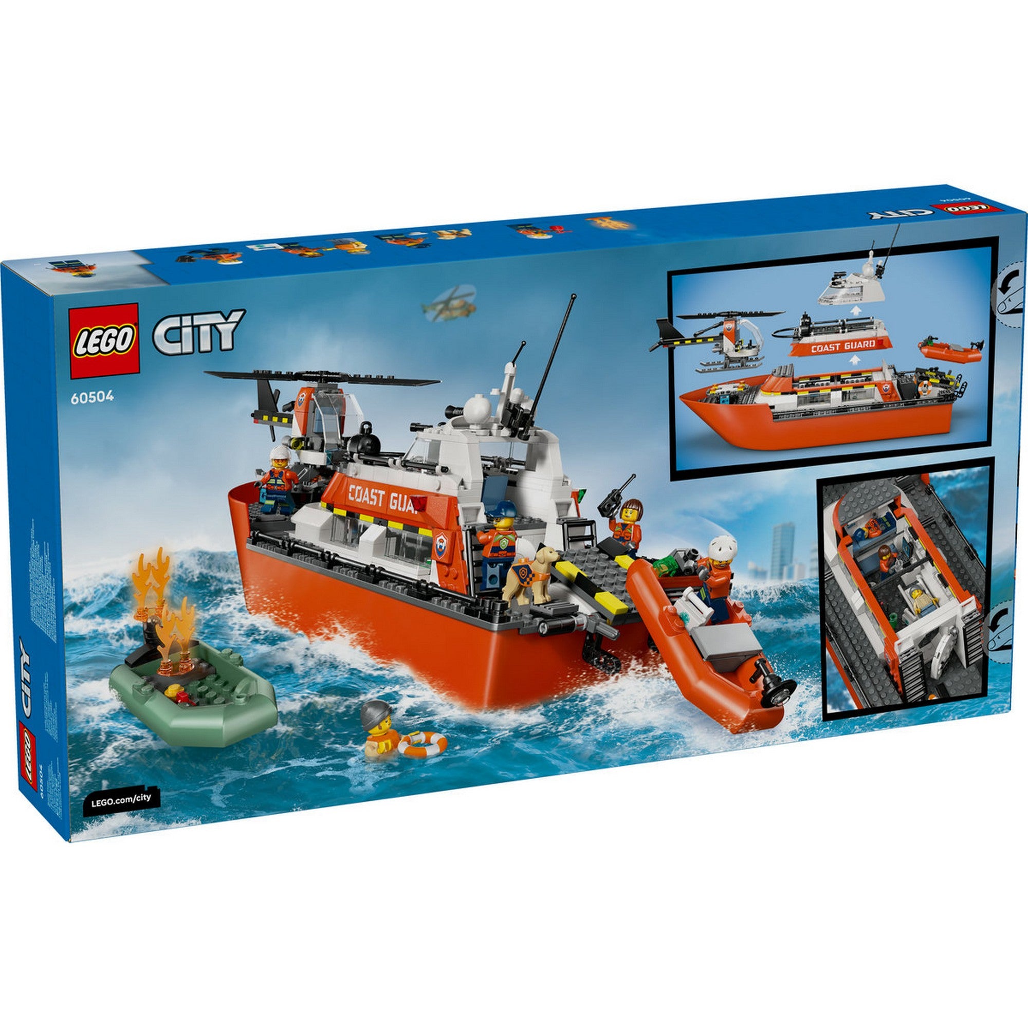 LEGO City Coast Guard Rescue Boat (60504) doboz hátoldala, ahol a narancssárga parti őrség mentőhajó tengeri mentés közben látható, helikopterrel, gumicsónakkal és részletgazdag belső terekkel.