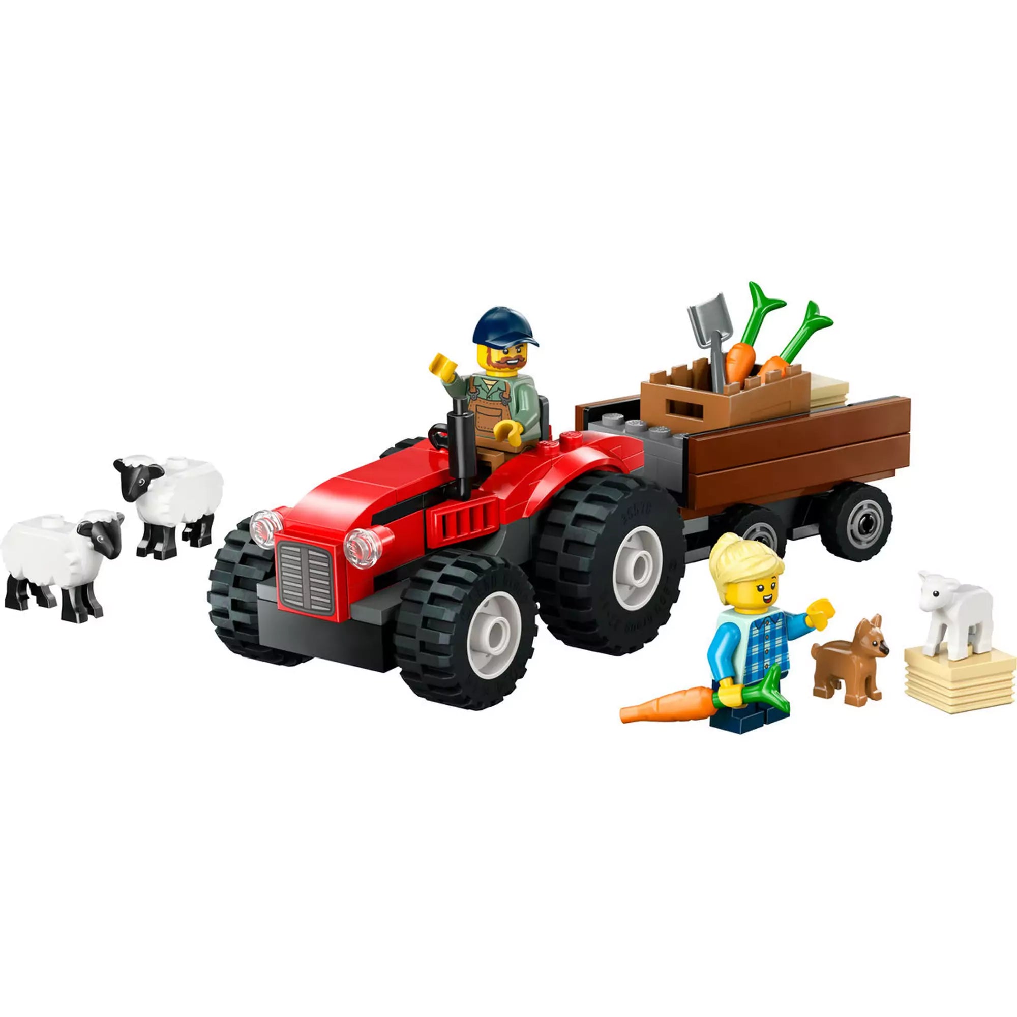 Részletgazdag jelenet a LEGO City Piros traktor, utánfutó és juhok (60461) szettből, a traktor és a vidám farmos szereplők bemutatásával.