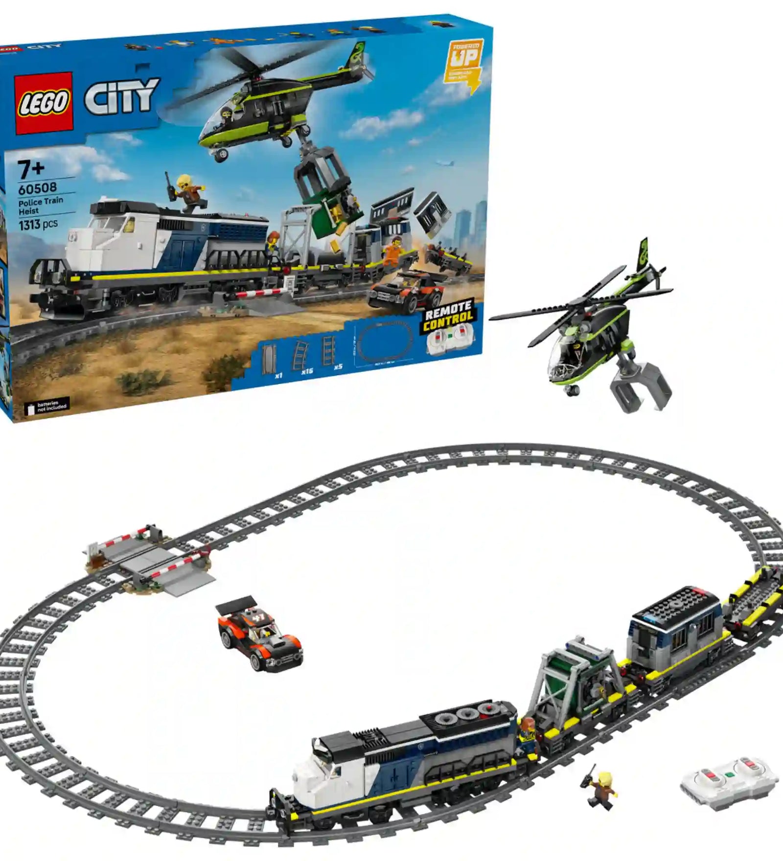 LEGO City 60508 Police Train Heist készlet doboza és teljes pálya, rendőrvonattal, helikopterrel és kör alakú sínekkel.