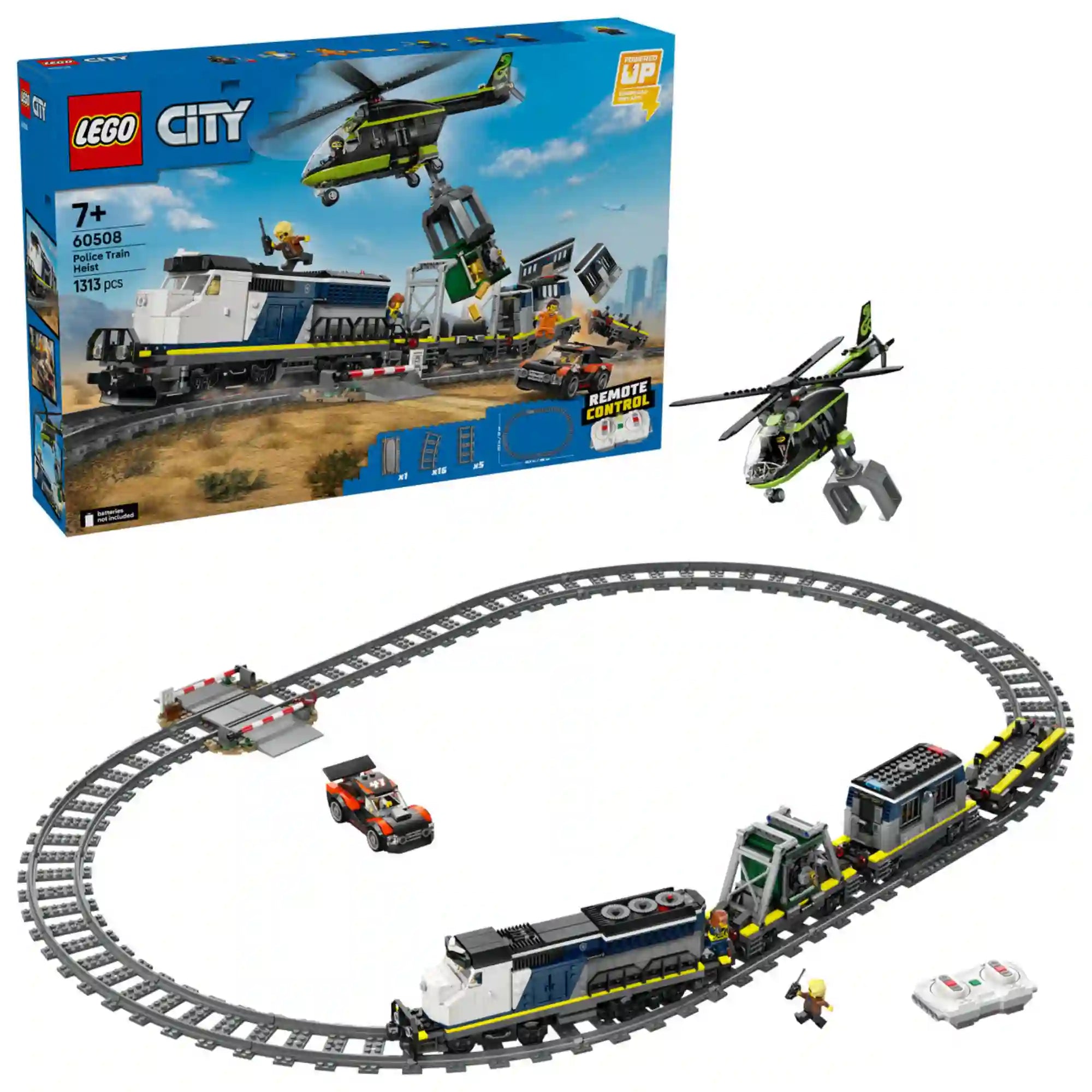 LEGO City 60508 Police Train Heist készlet doboza és teljes pálya, rendőrvonattal, helikopterrel és kör alakú sínekkel.